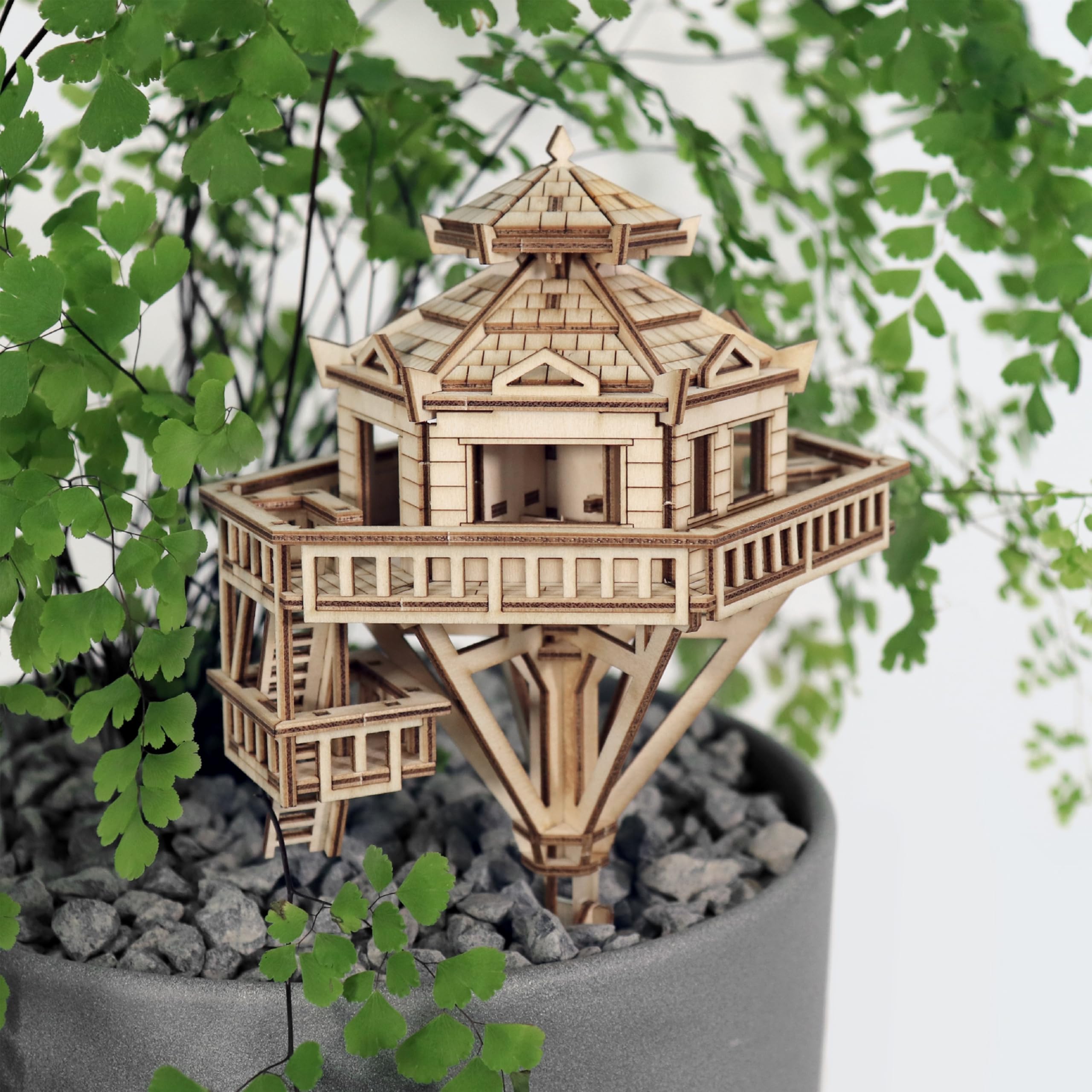 Woodland Outpost 3D Wooden Puzzle for Adults - Includes LED Lights, Acrylic Stake, and Assembly Tools, DIY Kit for Home or Plant Decor, 121 Pieces (Battery not Included) by Tiny Tree Houses