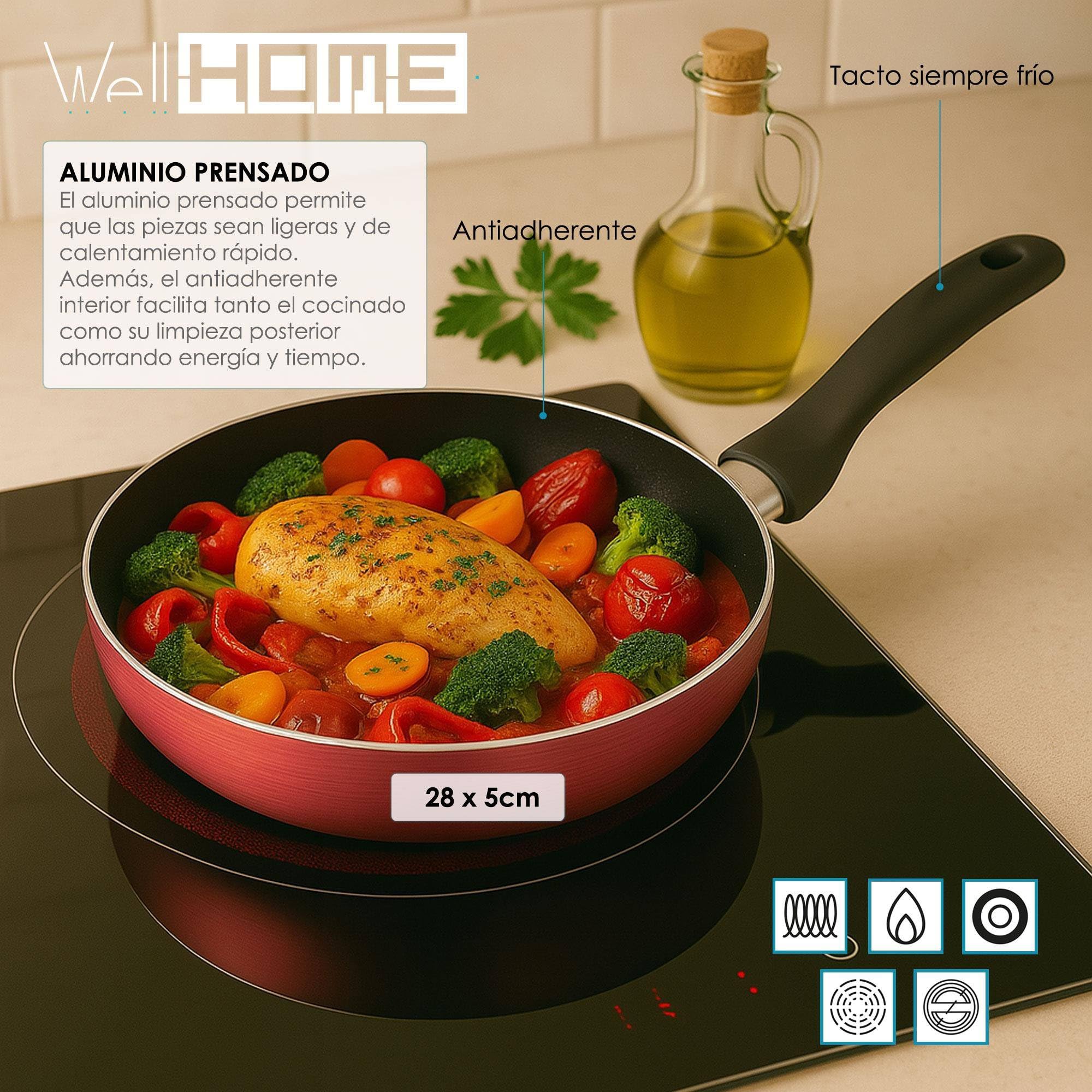 Well Home Pack Batería de cocina 5 Piezas en acero inoxidable + Sartenes Ø16Ø20Ø24Ø28cm Aluminio prensado Cobre metalizado