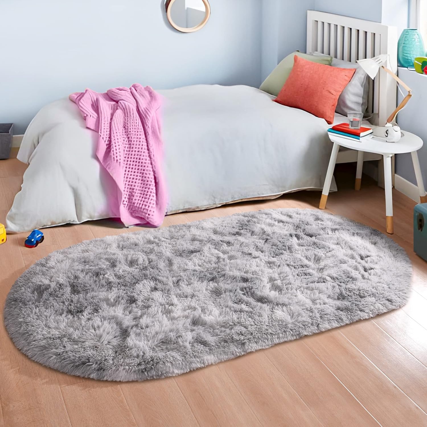 junovo Fluffy Tie-Dye Light Grey Oval Rug and Oval Grey Fluffy Ultra Soft Area Rugs for Bedroom Kids Room Girls Room Teen Dorm Baby Nursery Home Decor 2.6 x 5.3ft