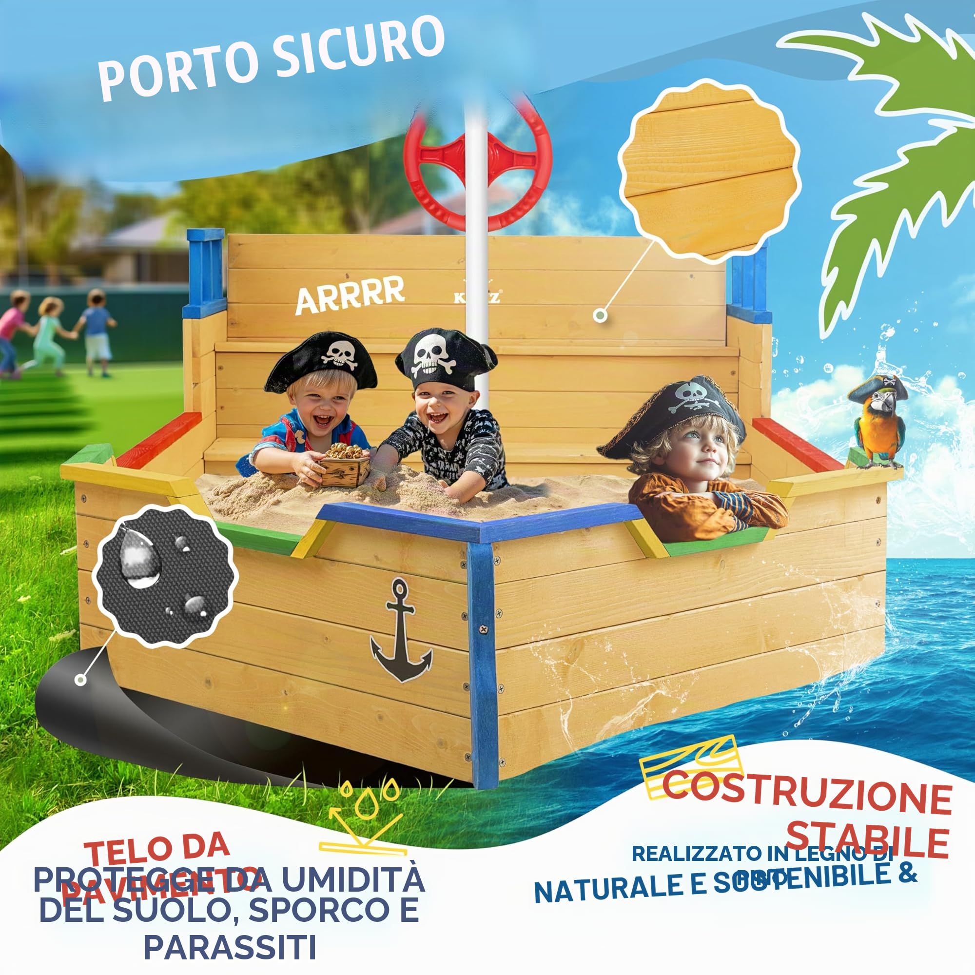 KIDIZ® Sabbiera per bambini Ahoy - nave pirata - barca giocattolo - barca a vela in legno - incl. copertura protettiva, colorato