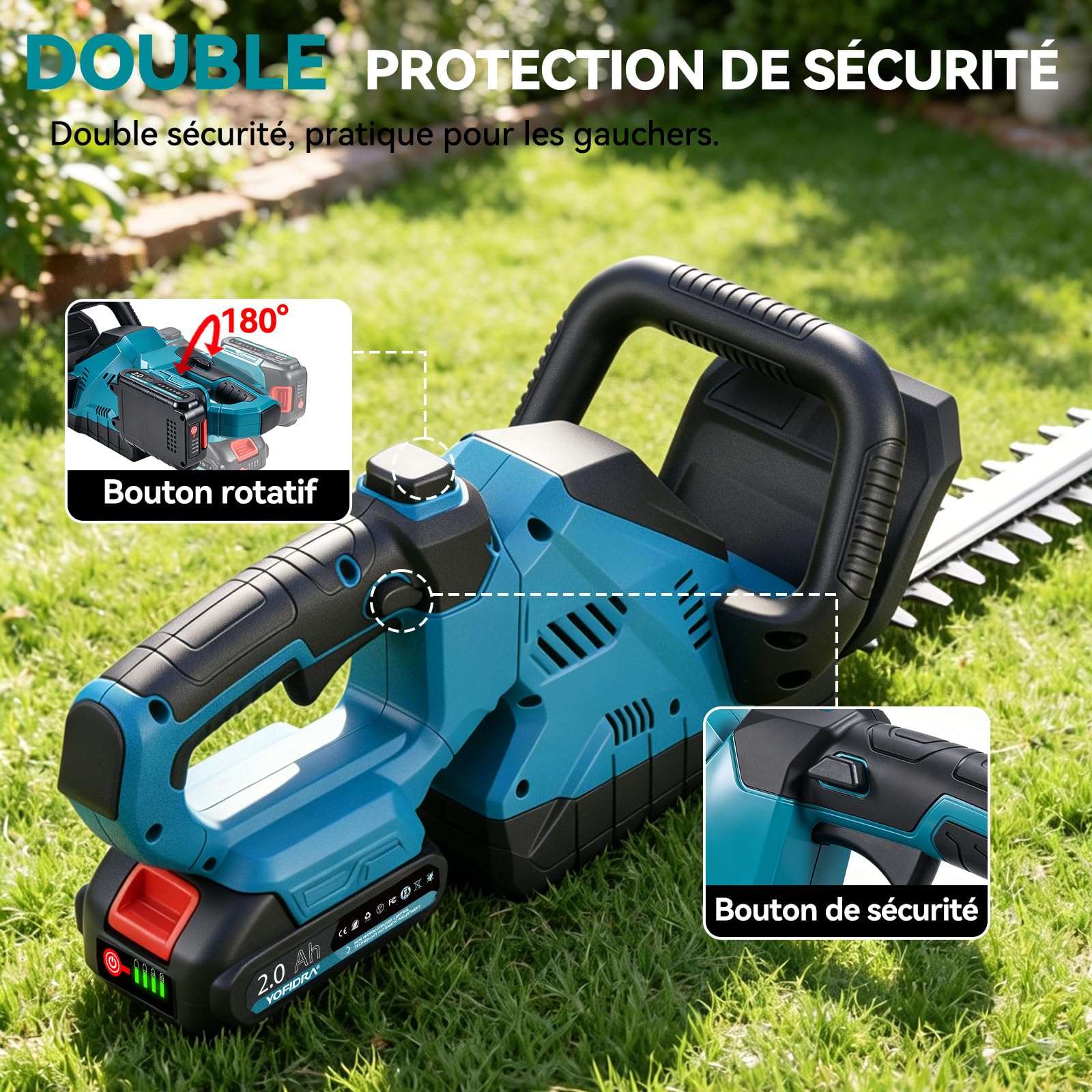 Yofidra Taille Haie Batterie 50cm, Lames Doubles, Batterie 2x2.0Ah, Écartement des Dents 18mm, Poignée Rotative 180°, Taille-Haie Électrique sans Fil avec Chargeur et Housse de Protection