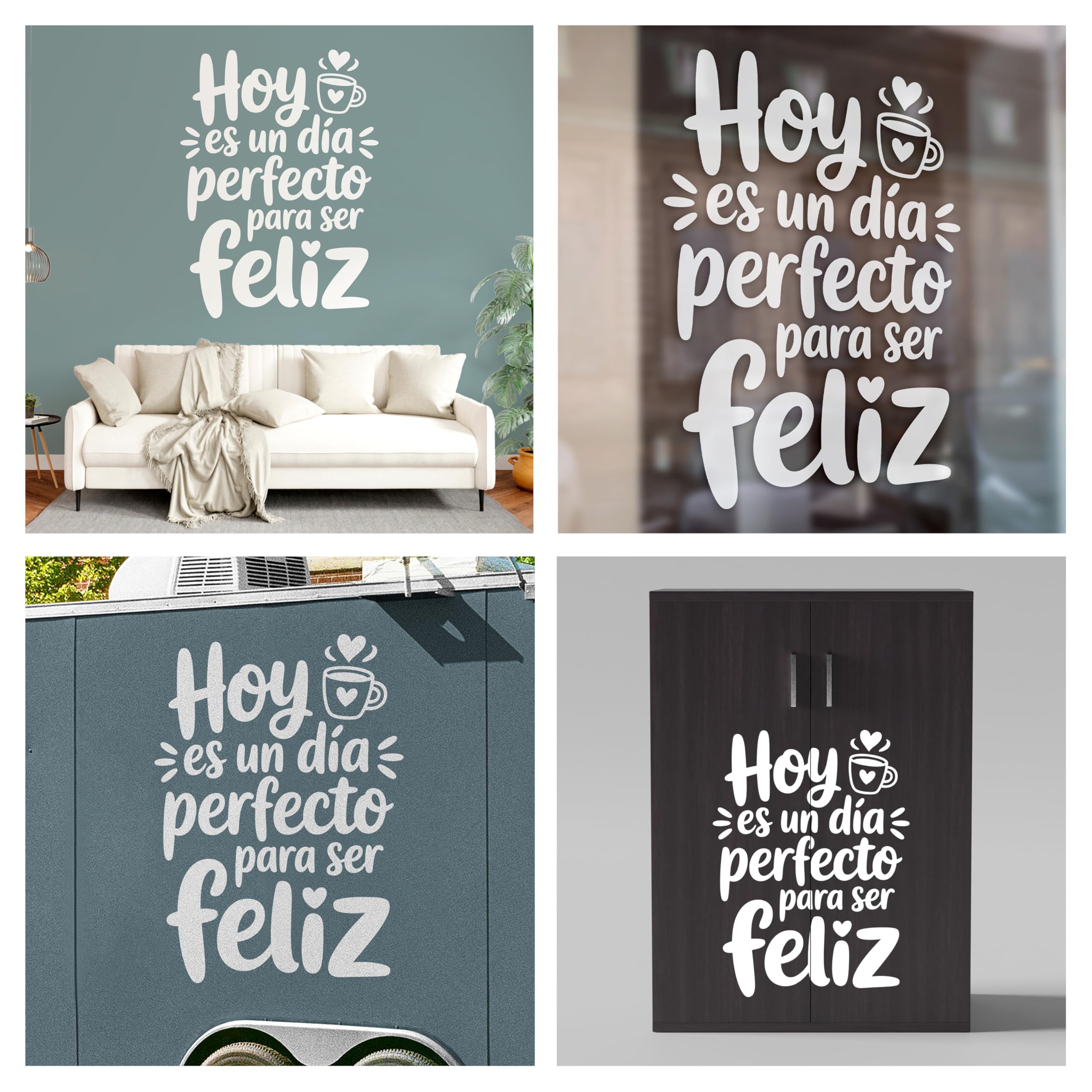 Vinilo Adhesivo Decorativo con Frase Positiva "Hoy Es Un Día Perfecto Para Ser Feliz", Pegatina Inspiradora para Decorar Hogar, Oficina o Dormitorio, Decoración Moderna y Alegre (Blanco, 140 x 104 cm)