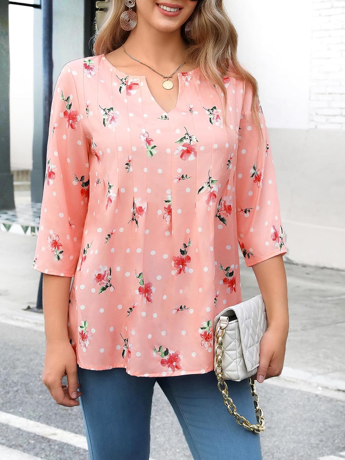 WLLW Womens Floral Printed 3/4 Sleeve Blouses Summer Pleated Front Tunic Tops V Neck Loose Fit Flowy Shirts - Image 5