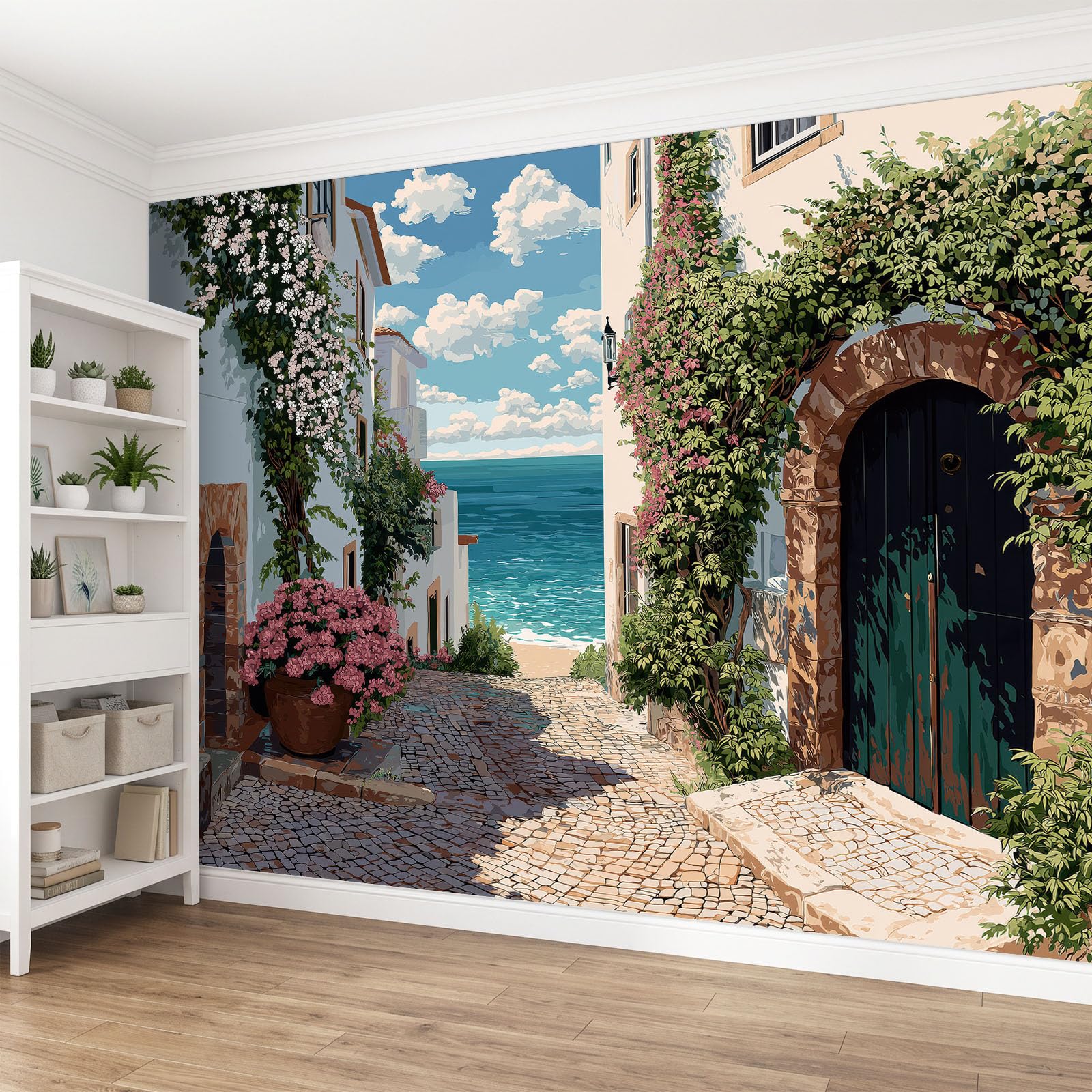 Fototapeta aleja brukowana budynki kwiaty 300 x 210 cm