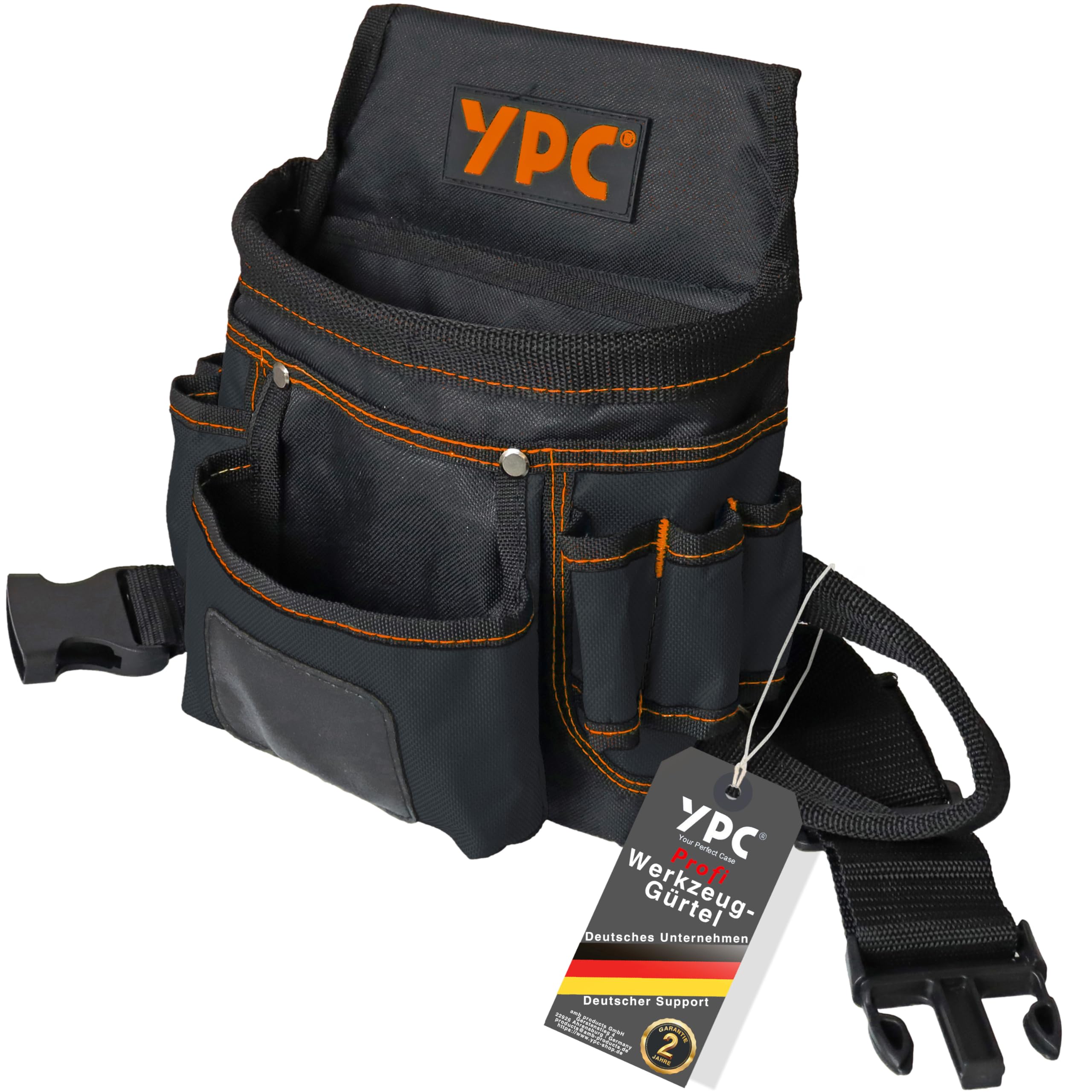 YPC Presto Tool - Marsupio XL per attrezzi, cintura da lavoro, impermeabile, con passante per martello, cintura in nylon antistrappo, 12 tasche, nero, 27 x 21 x 13 cm, portata 5 kg