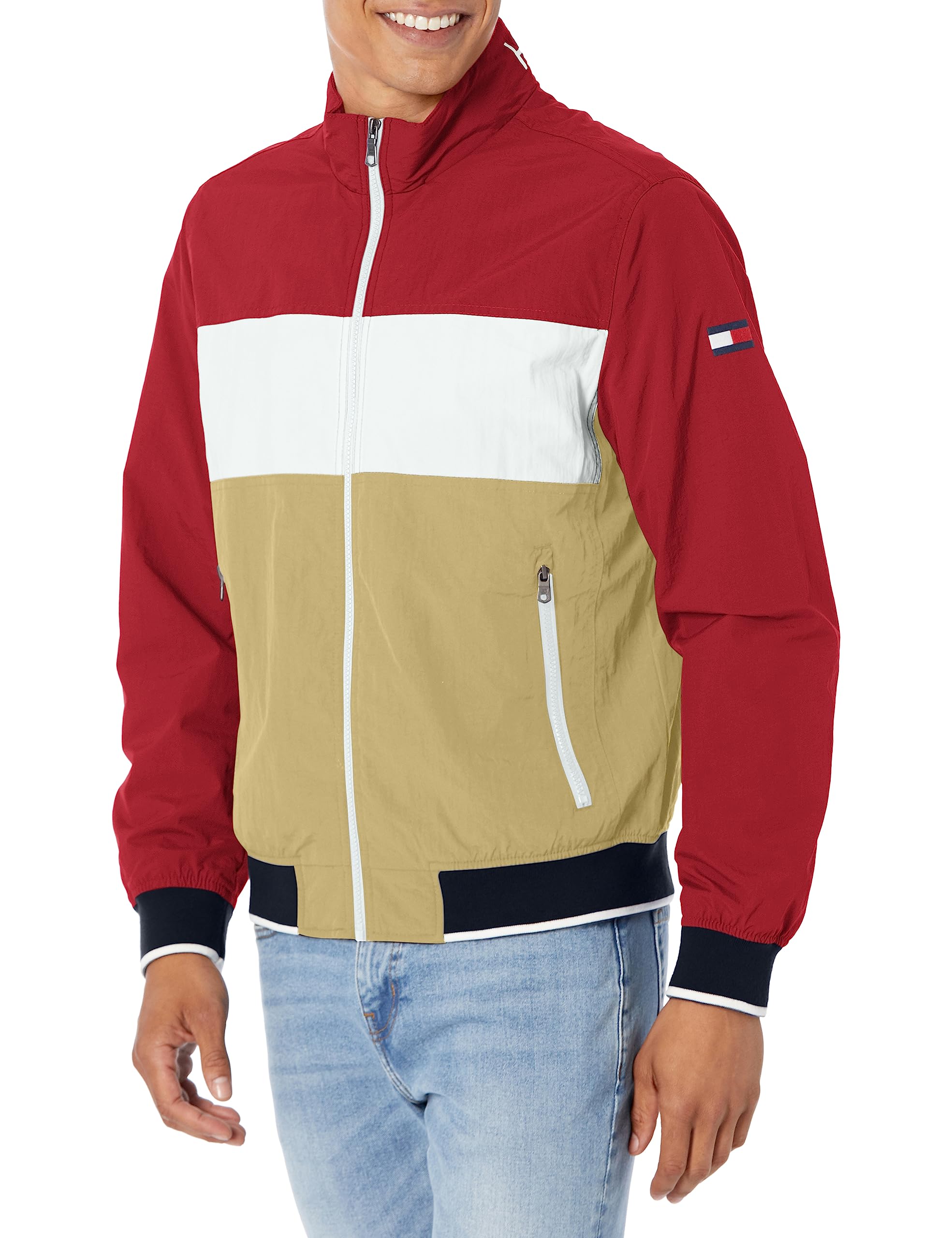 Tommy Hilfiger Men's Yachting Bomber Jacket Windbreaker, Khaki/Red Colorblock, XXL