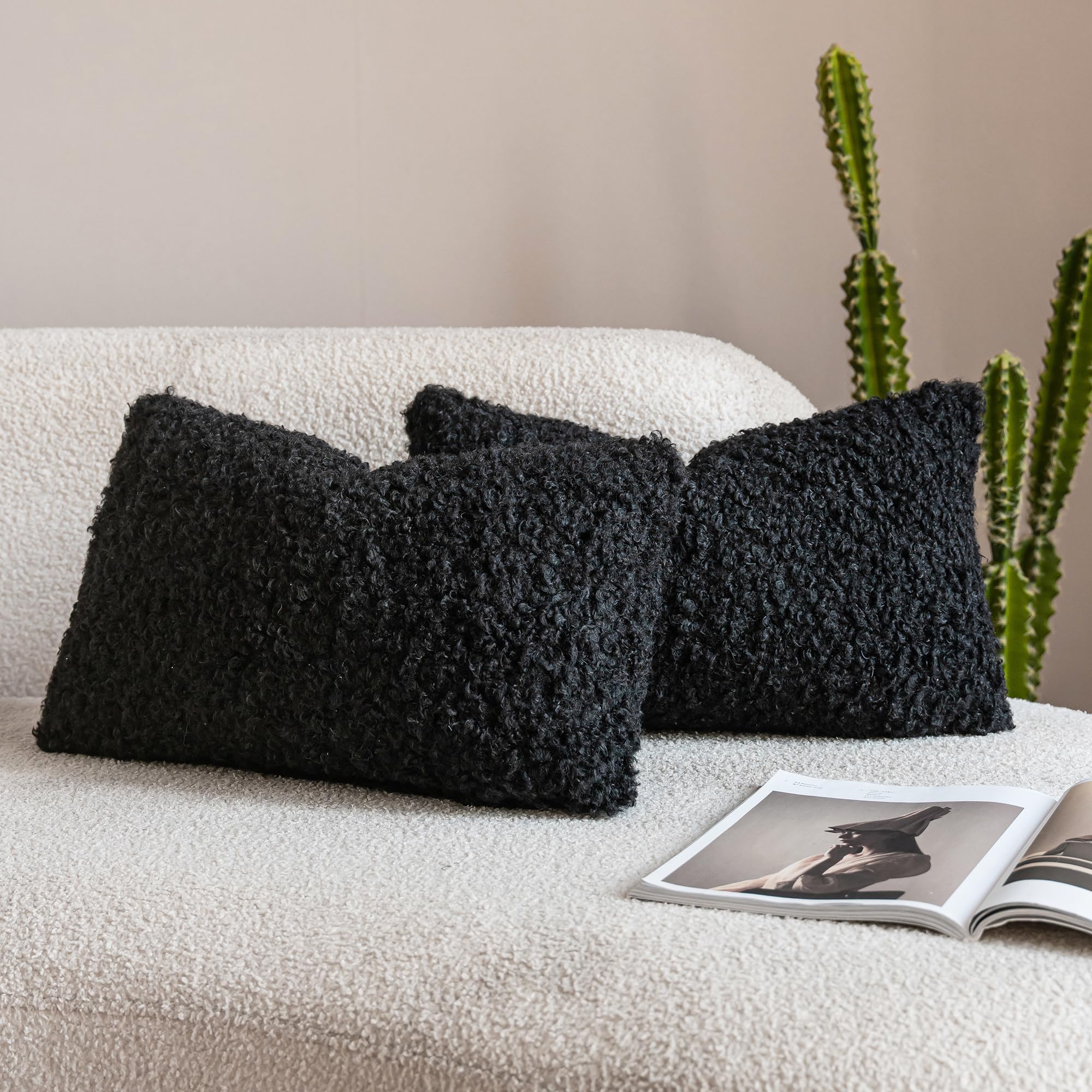 Neelvin Pack of 2 Curly Teddy Sherpa Decorative Cushion Covers 30x50cm 12 x 20Inch Boucle Thick Plush Sheepskin Throw Pillow Covers for Couch Livingroom Sofa Bedroom Black