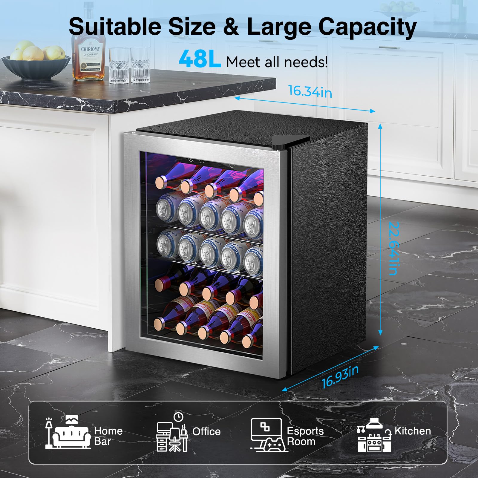 Kismile Mini Refrigerator Cooler 48L Beverage Fridge for 16 Bottle 68 Can,1.7 Cu.Ft Drink Fridge with Seamless Outer Frame,Electronic Temperature Control for Home/Bar/Office 40-61℉,Silver on Fridge.com