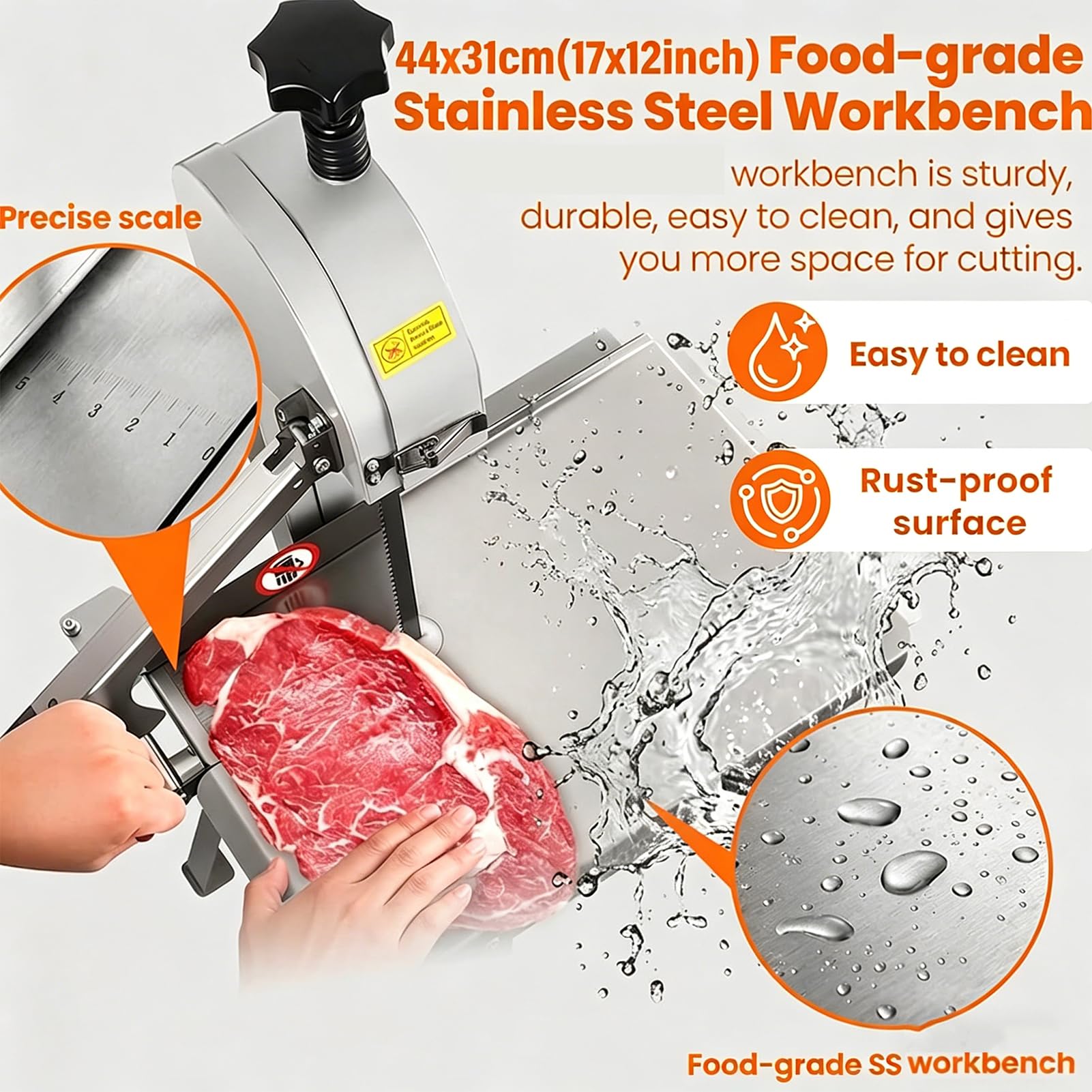 Sierra Eléctrica 1100 W Comercial para Huesos de Carnicero Sierra de Cinta para Huesos,para Carne y Huesos Congelados Mesa 44x31 cm,Espesor 0-13 cm para Carnicería, 8 Cuchillas