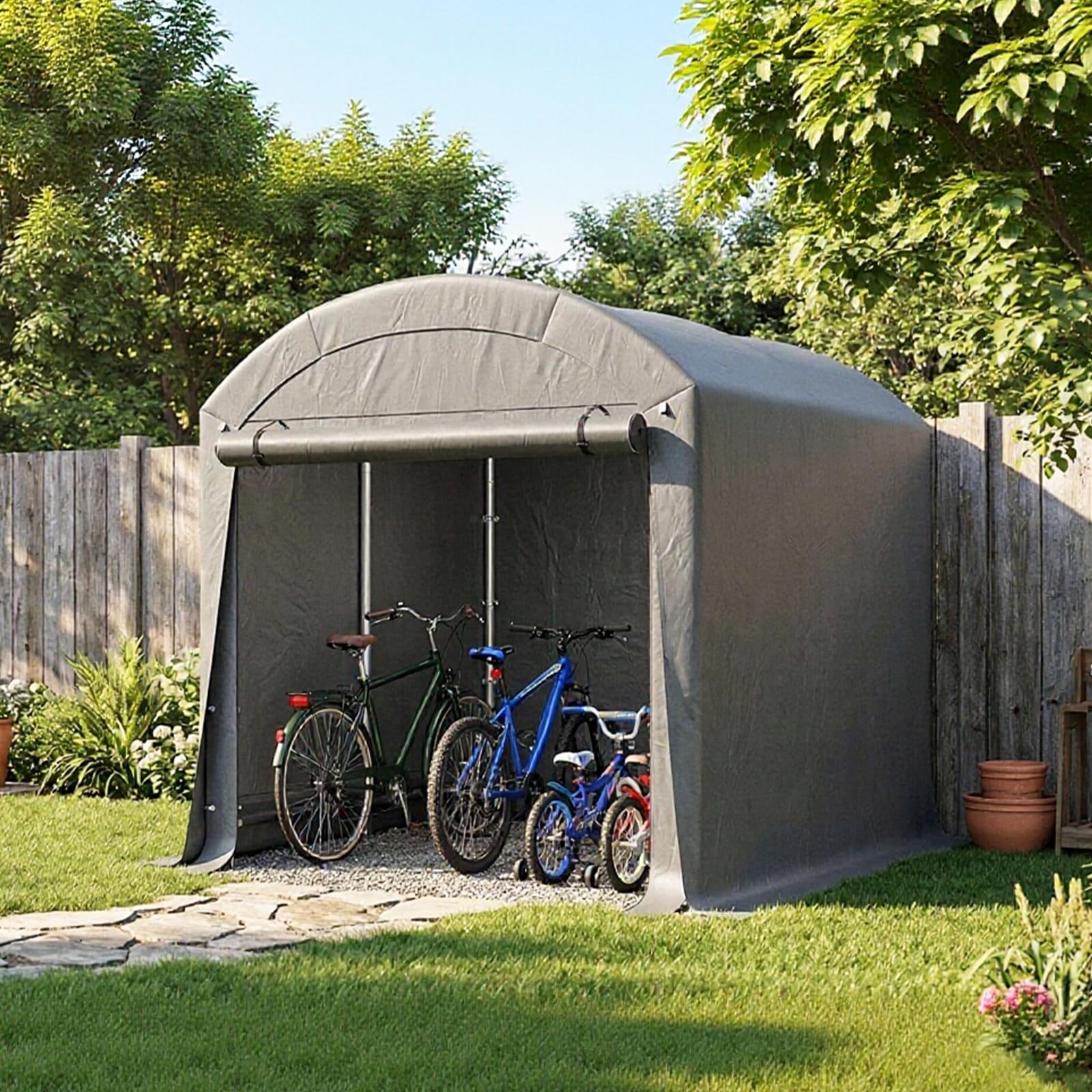 LARMNEE Fahrradunterstand, Fahrradgarage, Gerätehaus, Garagenzelt, 182 x 182 x 205 cm, Carport Lagerzelt Gerätezelt für Gartengeräte Fahrräder, für Garage, Garten, Abstellraum, Grau EGY01ZX02
