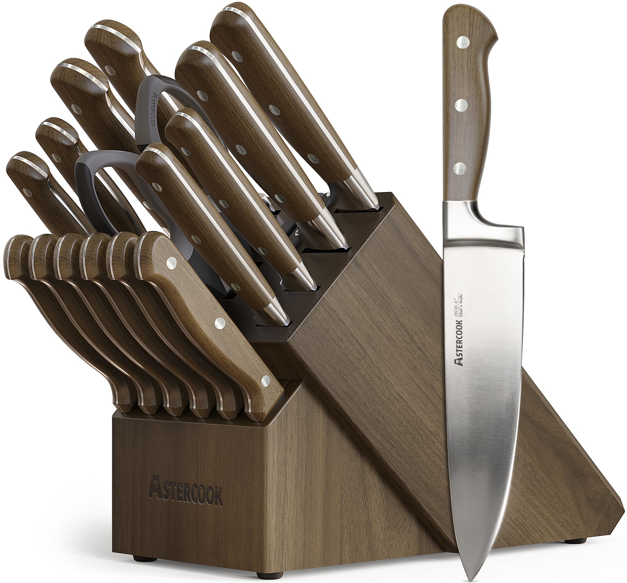 Astercook 17-Piece Forged Knife Set with Block Full Tang Professional Kitchen Knives in Stainless Steel with Triple-Rivet Ergonomic
