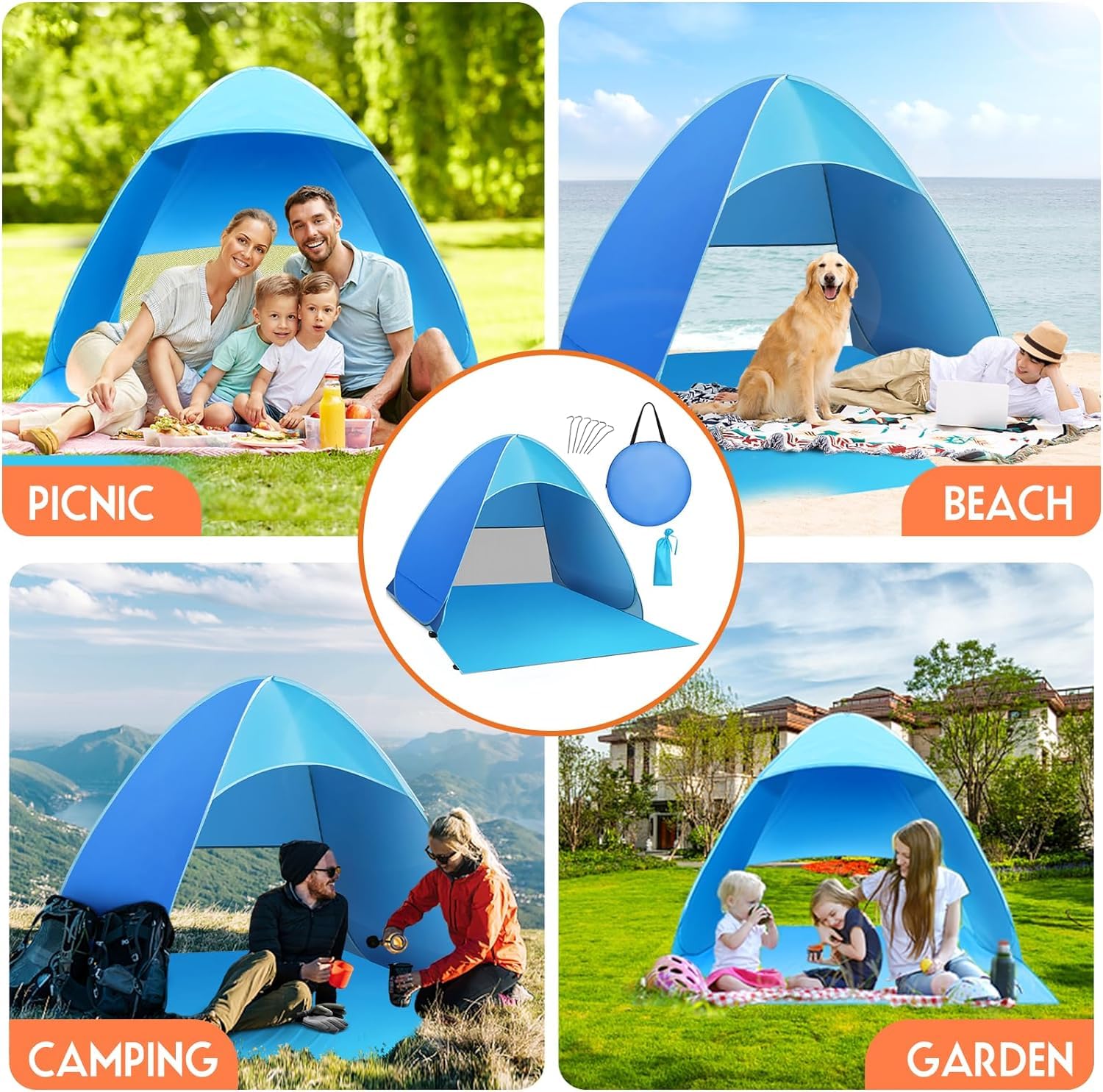 XXL Pop Up Namiot duży dla 3-5 osób ochrona UV UPF 50+ 200 cm × 165 cm × 130 cm muszla TARENT