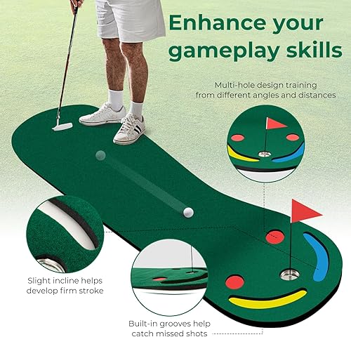 Miniatura 2 de Tangkula Alfombra de golf verde de 10 pies x 3 pies, tapete de golf para práctica en interiores y exteriores con 1 bandera, 3 tazas de putting,