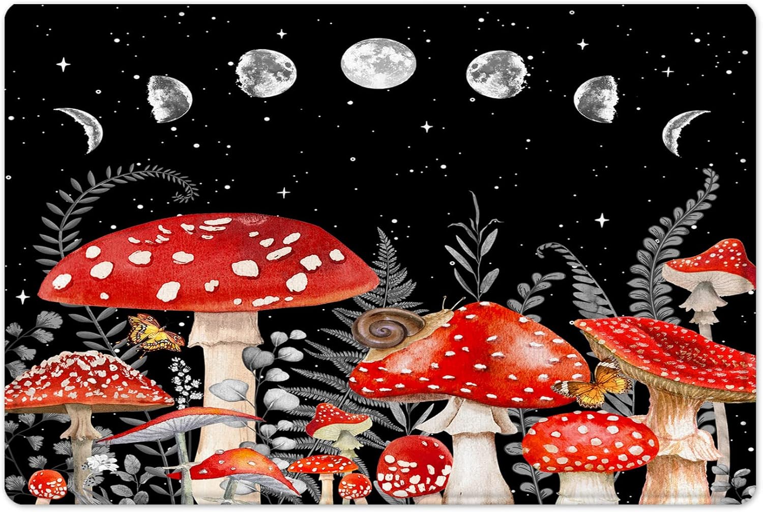 Moon Phase and Red Vintage Mushroom Shower Curtain Set Grey Eucalyptus Leaf and Butterfly Shower Curtains for Bathroom Black Starry Night Washable Shower Curtain Set with Bath Mat and Hooks, 72x72Inch