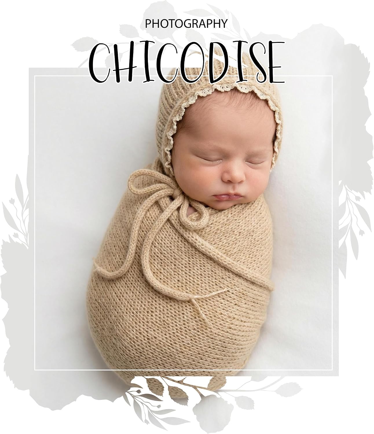Newborn Photography Props Wraps & Ruffle Edge Bonnet for Infant Baby Boy Girl, Knit Swaddle for Photo Shoot Outfits (Beige)