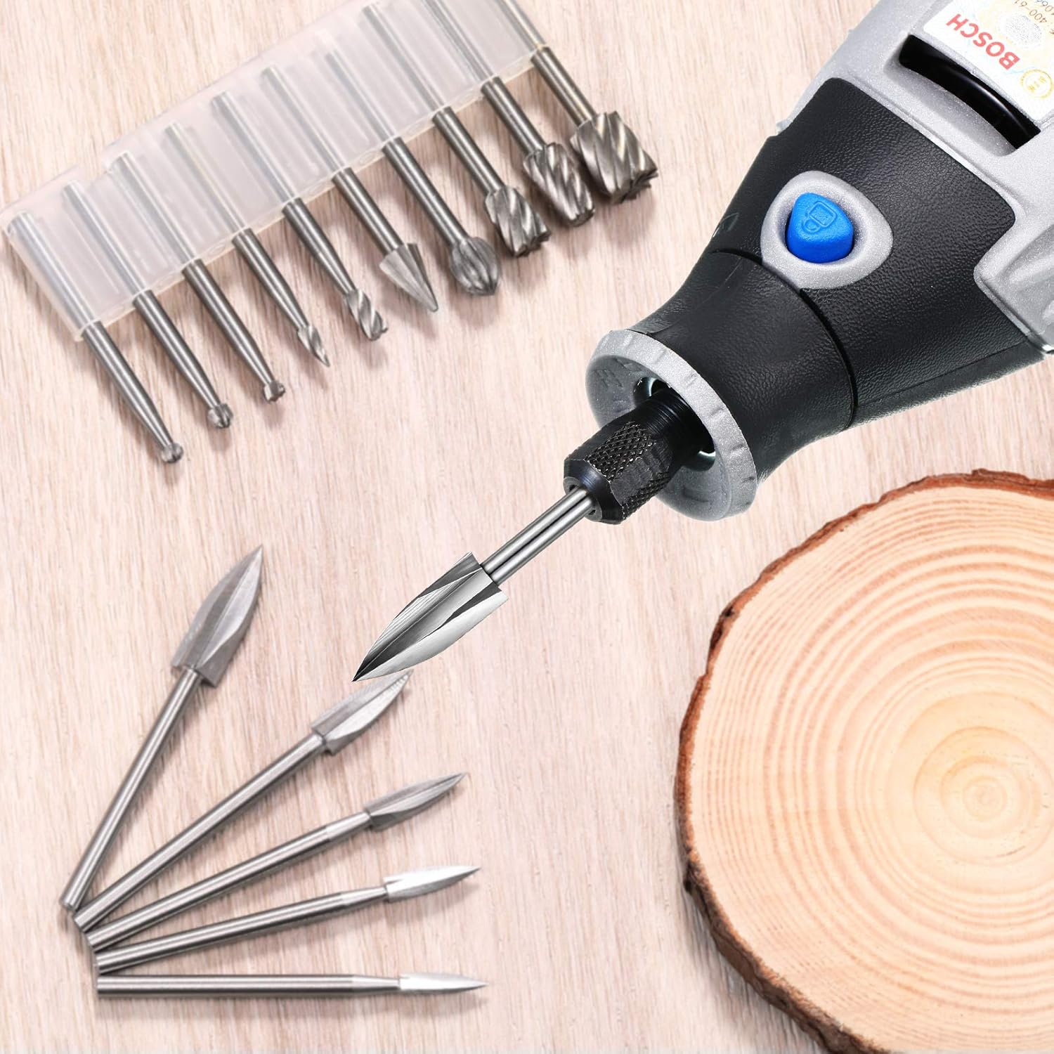 20 Pieces Wood Carving Drill Bit Set Includes HSS Engraving Drill Accessories Bit and HSS Carbide Wood Milling Burrs Universal Fitment for Rotary Tools, DIY Wooden Crafts