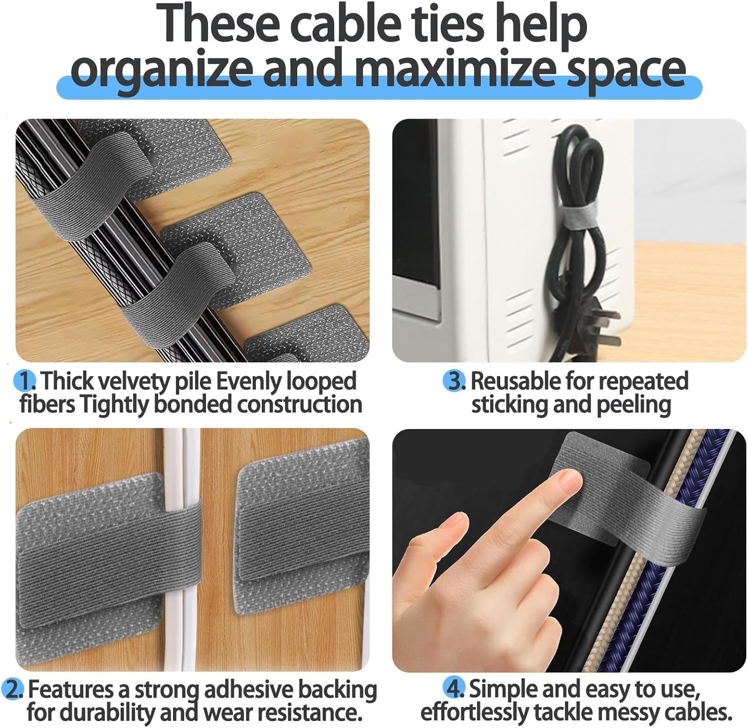 100 Pcs Hook and Loop Cable Ties, Self Adhesive Cord Management Clips Under Desk, Reusable Sticky Back Wire Organizer Straps for TV PC Laptop Office & Home