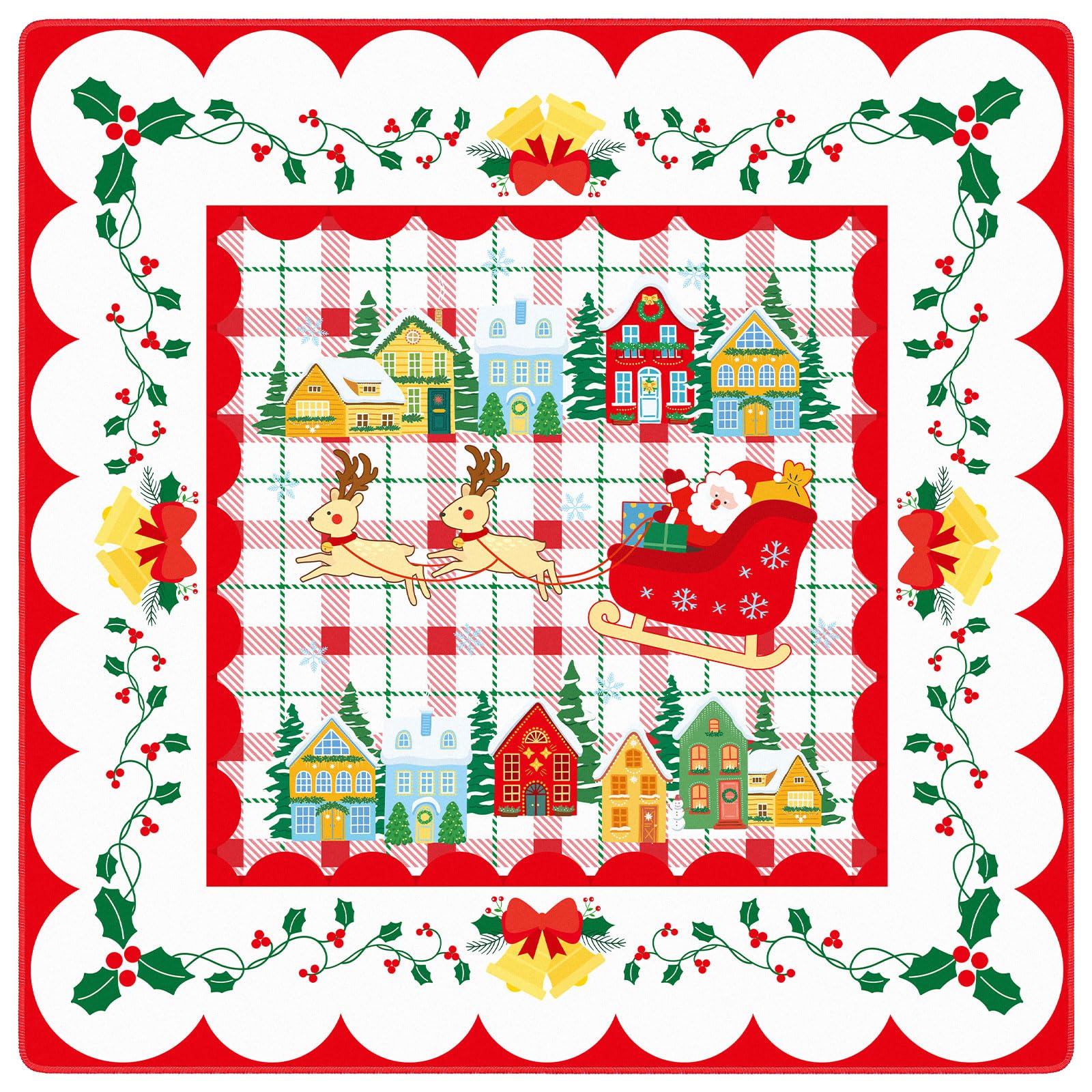 Seenelling Tappetino natalizio per mahjong, 80 cm x 80 cm, rosso, verde, antiscivolo, riduzione del rumore, motivo villaggio natalizio natalizio, copertura per tavolo da domino, carte da poker e