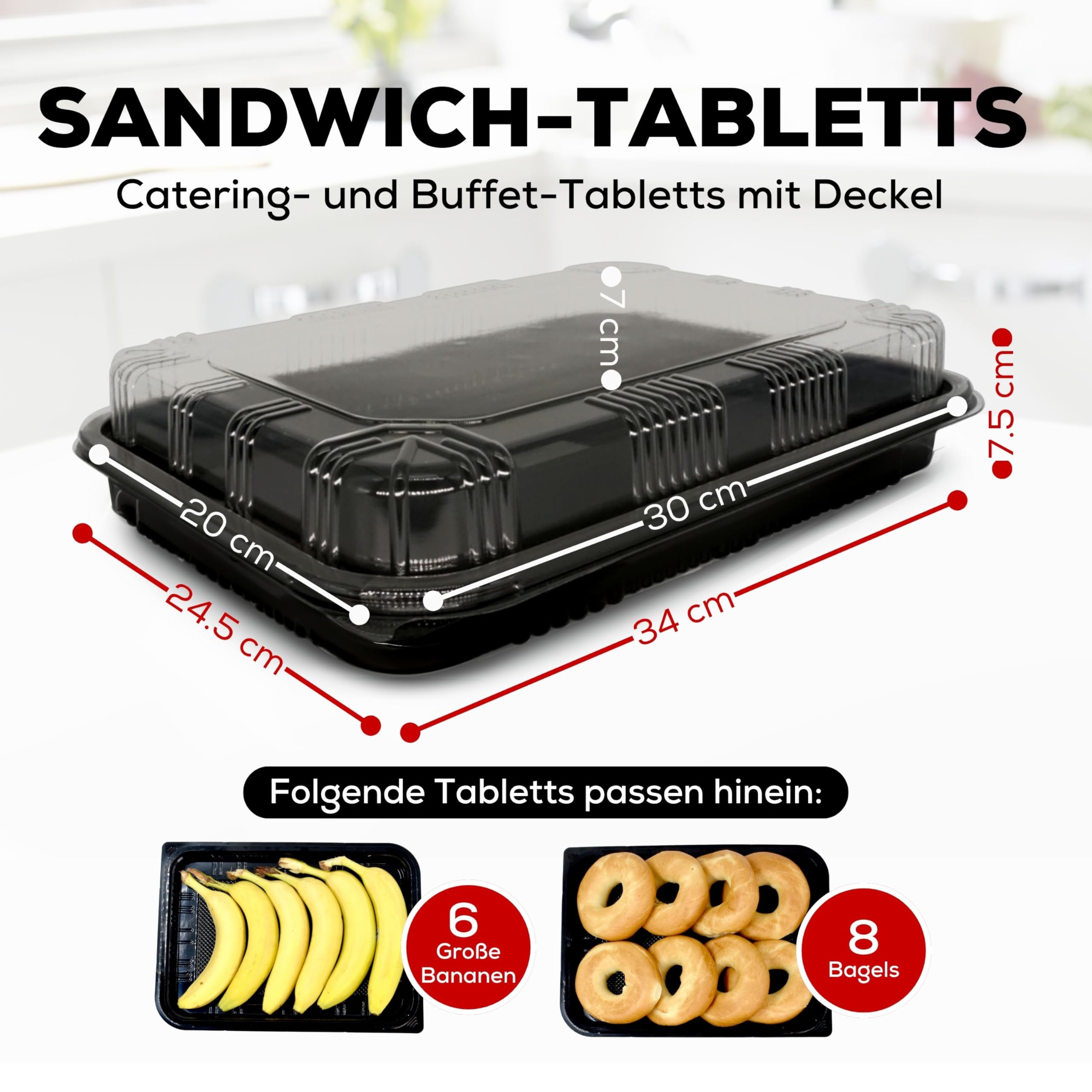 5er-Set Serviertabletts – 34 x 24 x 7,5 cm Servierplatte mit Deckel für Buffet Zubehör Partys und Catering, Einweg Inklusive Sticker-Etiketten
