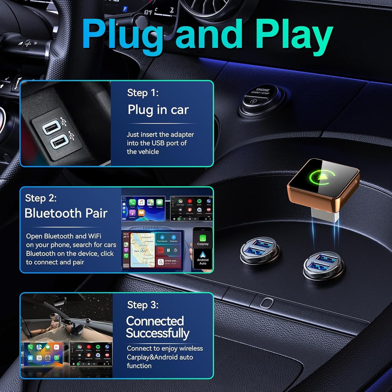 QAT Wireless CarPlay Adapter Upgrade Wired CarPlay to Wireless, Mini USB Design for Cars with Built-in Wired CarPlay Plug and Play Easy Use Fast Stable Connection Car Play for i-Phone — view 6