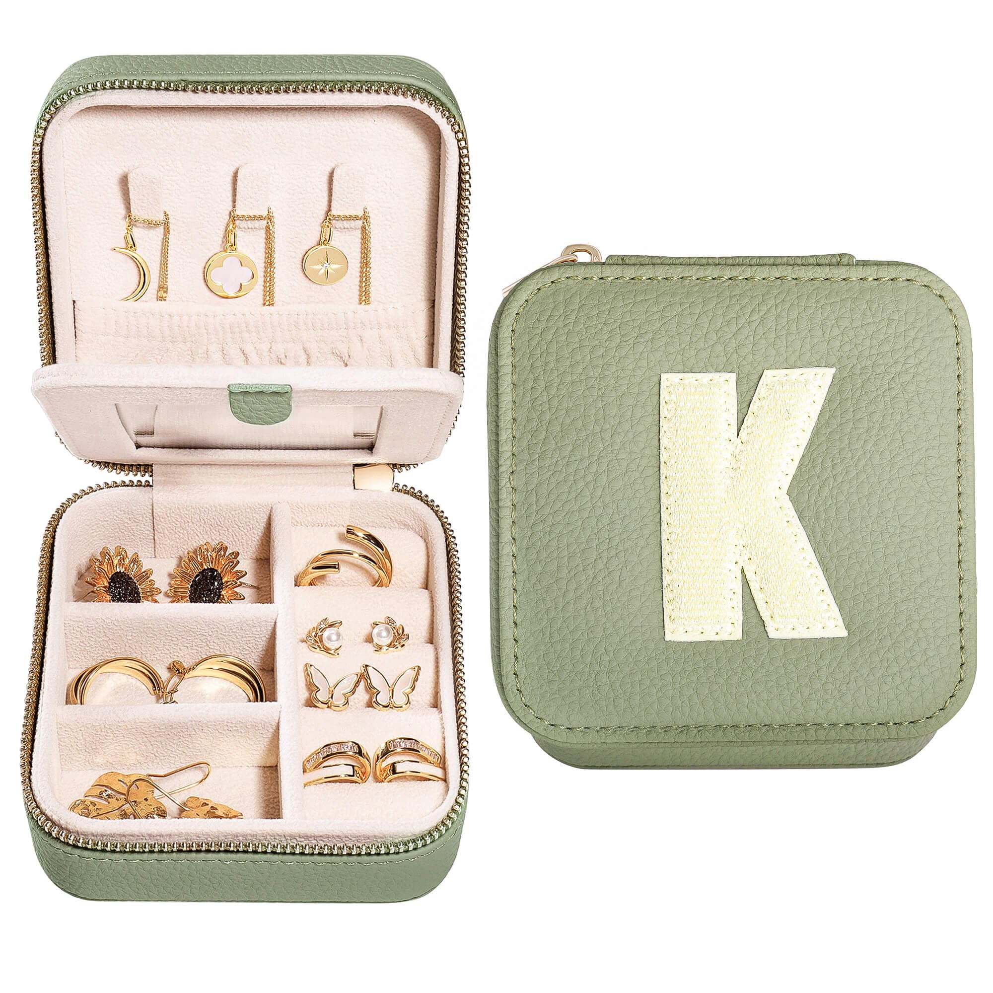 S.Leaf Initial Travel Jewelry Case - Portable Jewelry Box for Women - Small, Gift Boxes - Organizer Box - Letter K