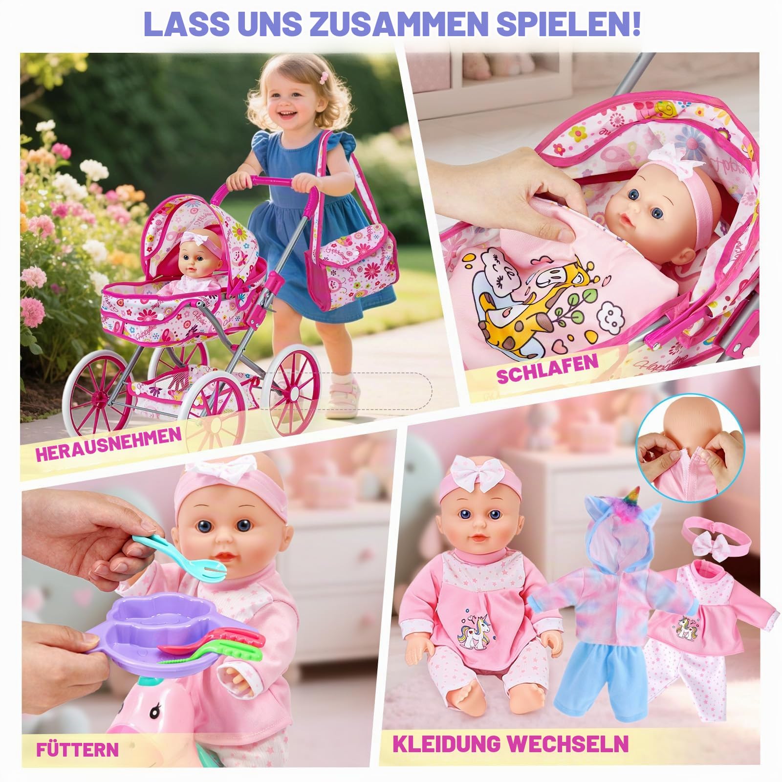 vamei Puppenzubehör für Baby Puppe, Puppen Zubehör mit Babypuppe & Puppenwagen & Schaukelpferd & Puppenkleidung, Fütterung und Pflege Set Rollspiel Spielzeug Geschenk Mädchen Kinder 2 3 4 5 6 Jahre