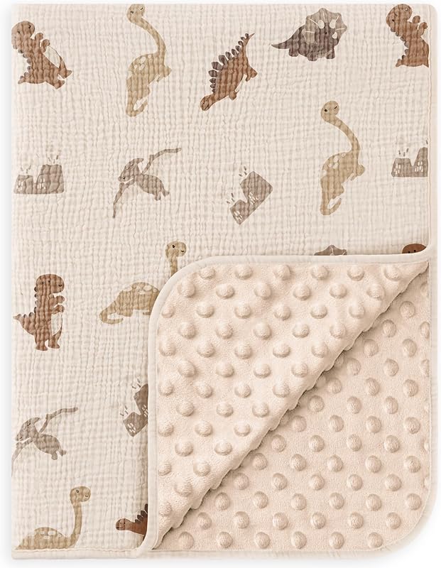 Baby Blanket for Unisex Boys Girls, Soft Nursery Minky Blanket with Muslin Cotton Front and Dotted Fleece Back, Receiving Blanket for Baby Newborn Infant, 30x40inch (Dinosaur)