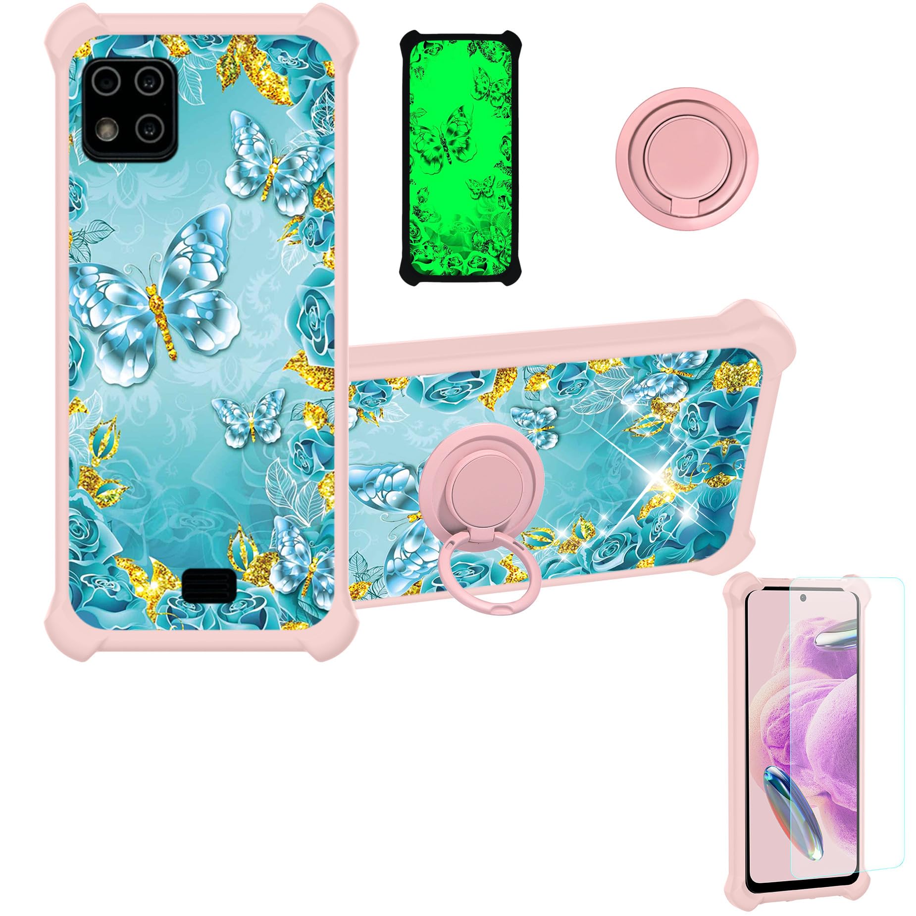 jioeuinly Case for Lush Mint L1582C Case Compatible with Lush Mint L1582C Phone Case Cover [with Tempered Glass Screen Protector][Ring Support][Gold Glitter+Luminous] JSF-YHD