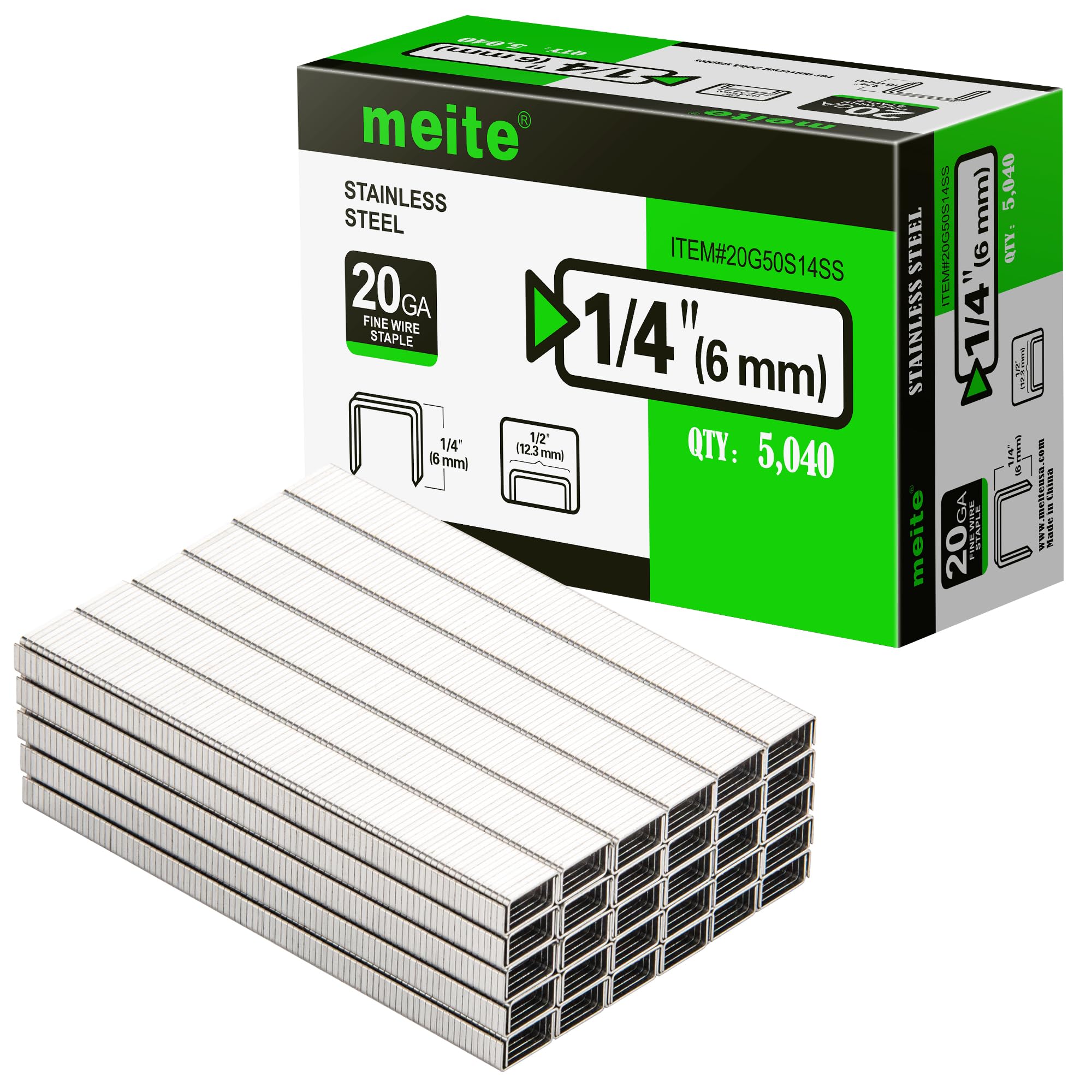 meite 20 Gauge 304 Stainless Steel Upholstery Staples, 1/2-Inch Crown with 1/4-Inch Leg Length, Heavy Duty Staples for Construction, Furniture, Crafts