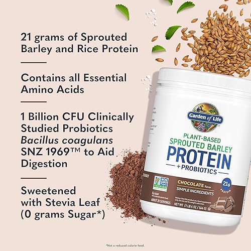 Miniatura 2 de Garden of Life Proteína de cebada germinada a base de plantas + probióticos, ingredientes simples, 0.74 oz de proteína, chocolate, 20 porciones