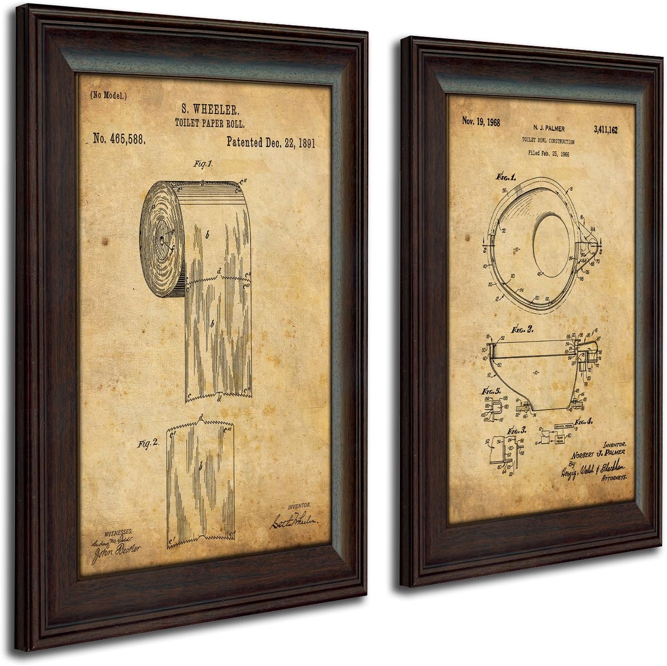 2 pc Framed Modern Patent Set - Bathroom Toilet Bowl and Toilet Paper 14"x17" each