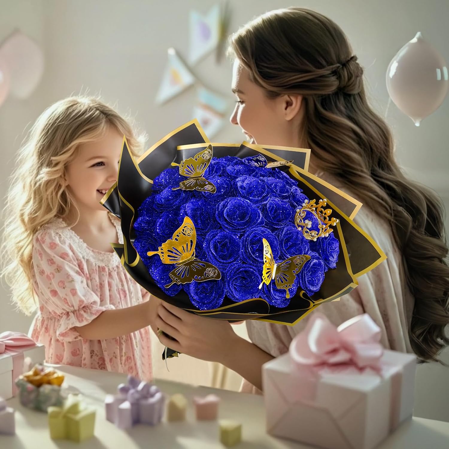Blue DIY Glitter Roses Bouquets - 24 Pack Artificial Flowers Rose Bouquet Shiny Fake Eternal Floral Bouquets for Graduation Wedding Anniversary Birthday, for Her - Image 6