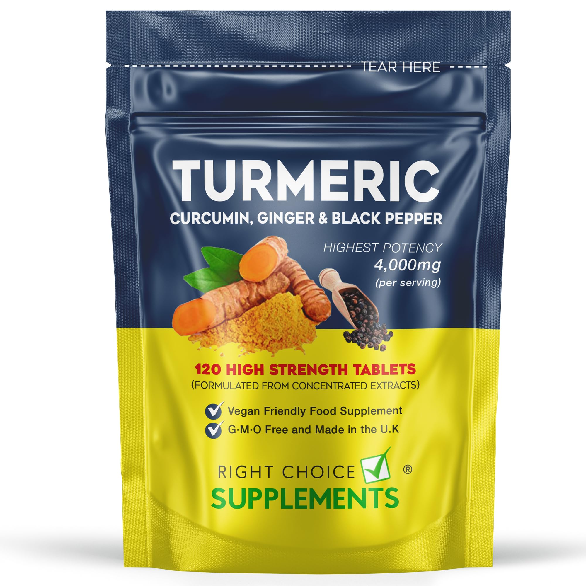 Turmeric, Ginger & Black Pepper 4000 mg Tablets (per Serving), High Strength Curcumin Supplements, Vegan and Gluten Free, UK Made, 120 Count