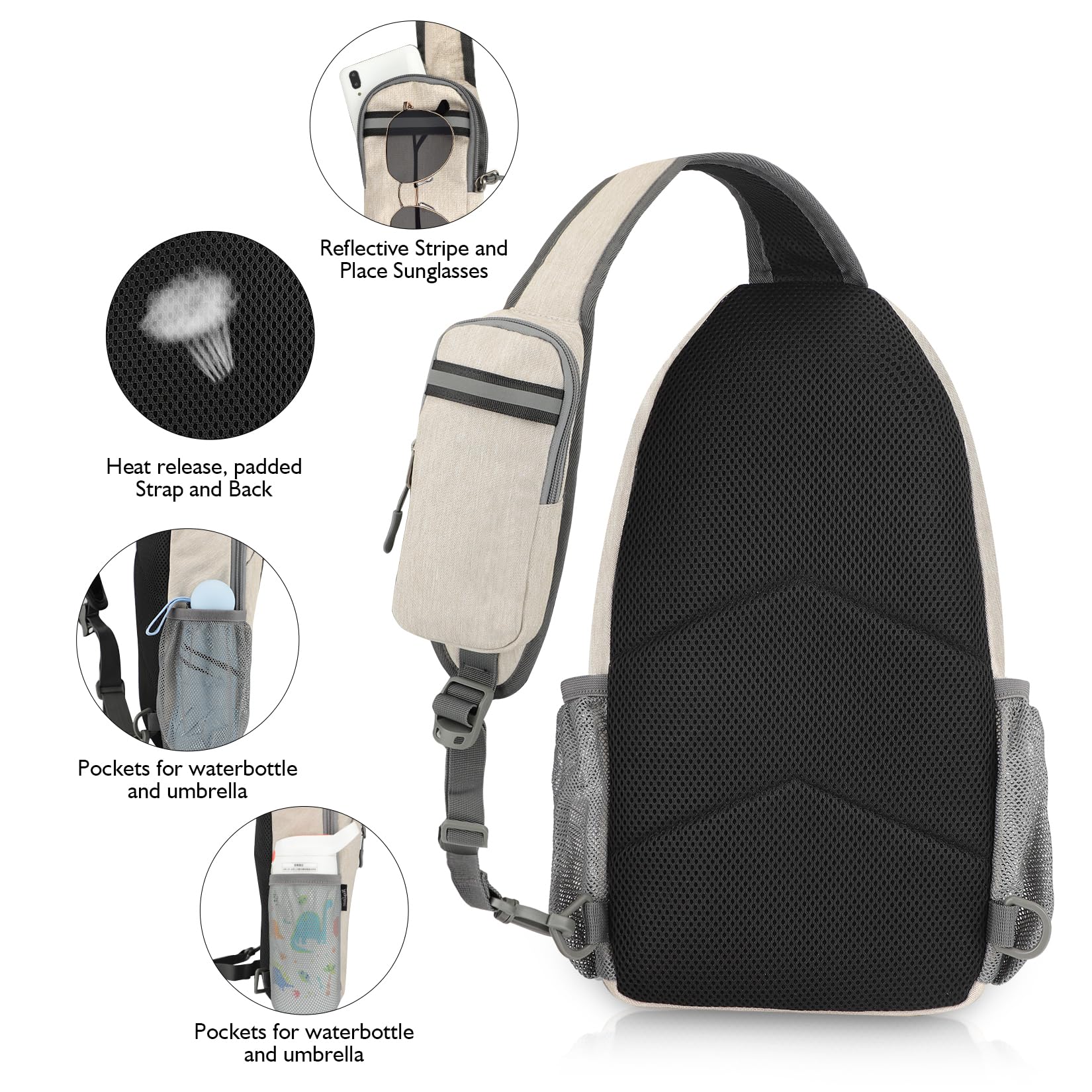 Mochila bandolera, bolso bandolera cruzada, mochila de hombro ligera, bolsa de pecho, bolsa de senderismo, Beige, Deportes, Al 4
