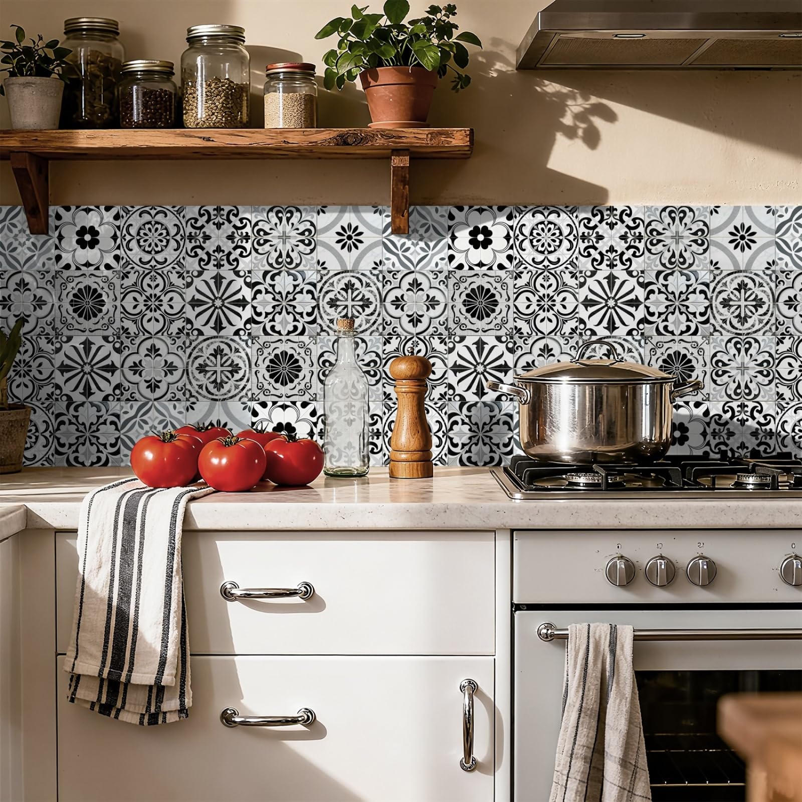 Peel and Stick Wall Tiles 15x15 cm Moroccan Grey Kitchen Tile Stickers Waterproof PVC for Stairs Cabinets Fireplaces Decoration on Bathroom 24 Pcs
