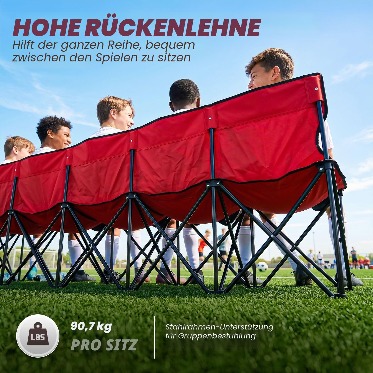 Flexzion Tragbare klappbare Sitzbank, 6‑Sitzer, zusammenklappbare Fußball-Bank, tragbare Sitzbank für Tribünen, Camping, Spielfeldrand, mit Rückenlehne und Tragetasche, Rot