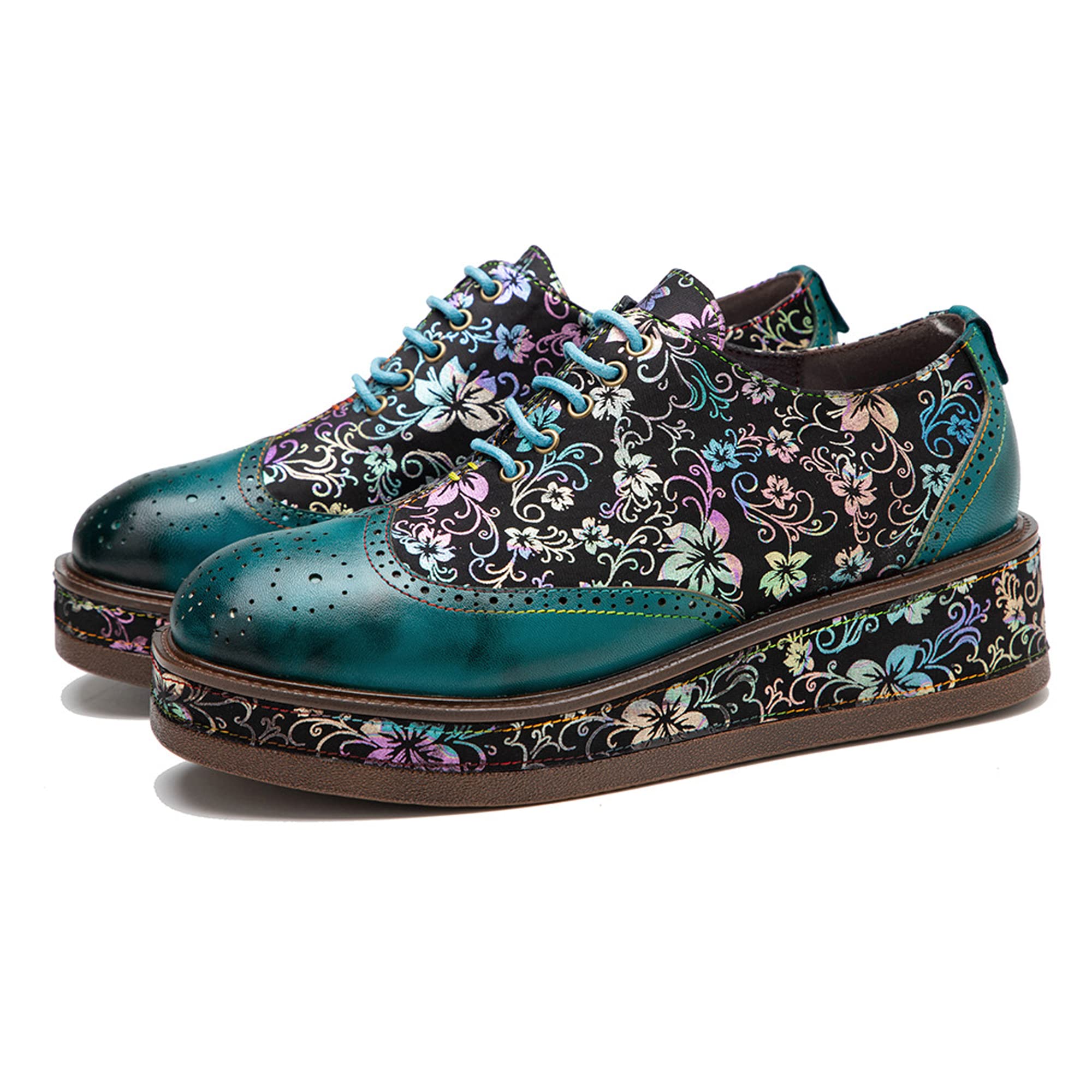 Women's Handmade Lambskin Oxford Loafers Shoes with Retro Ethnic Printed Style, Brock Design for Casual and Fashion Collegiate Style