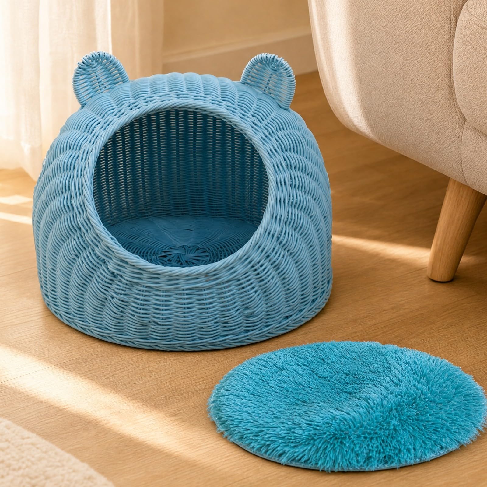 Cesta Cesto Mimbre Redondo Tejido Orgánico con Cojín Lavable Transpirable Diseño Orejas Atractivo Adecuada para Mascotas Acogedor Dormitorio, L