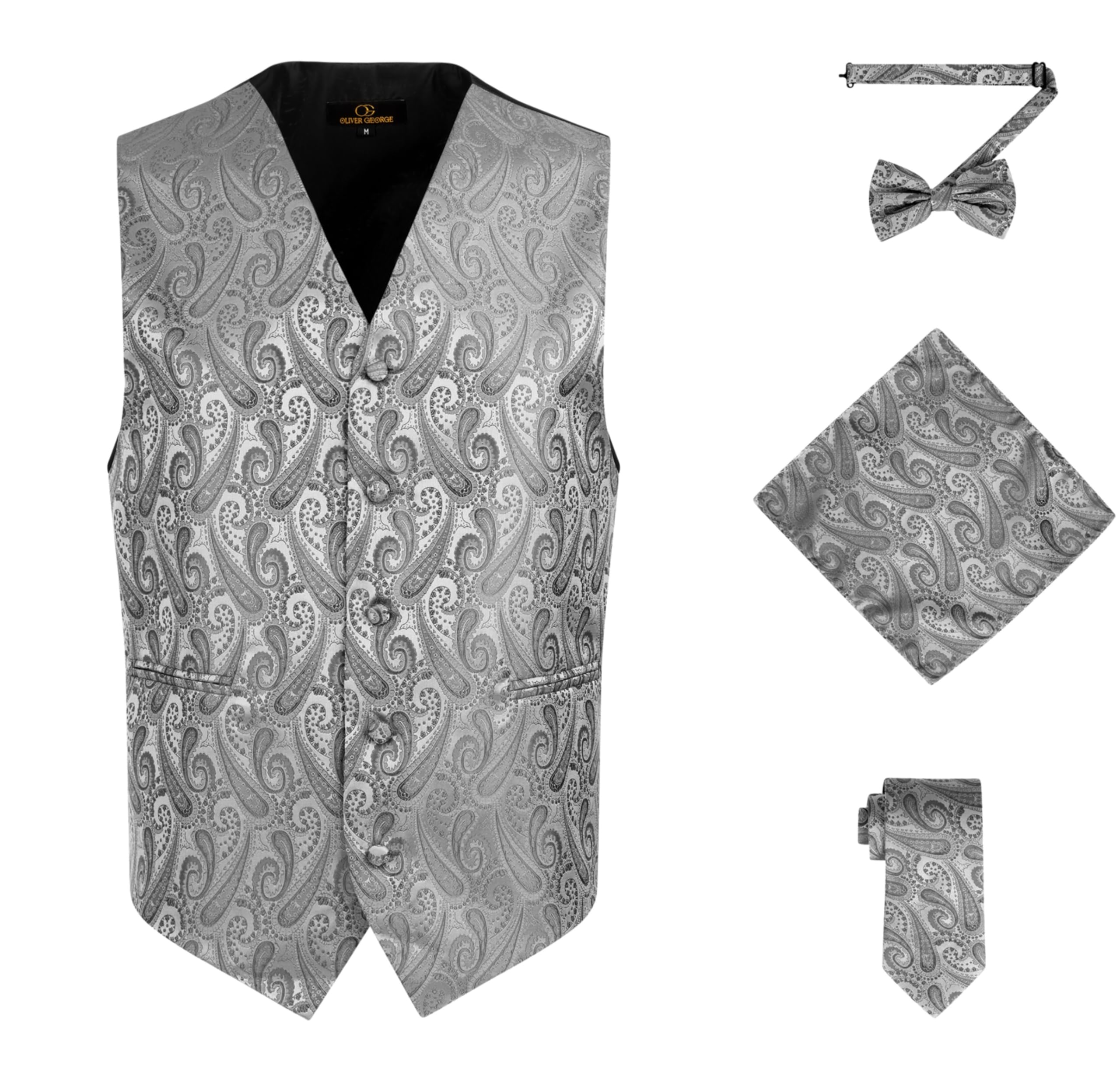 oliver george Men's 4pc Paisley Design Waistcoat Tuxedo Dress Vest Necktie Bowtie Handkerchief Set for Suit or Tuxedo, Gray, Large-picture-24