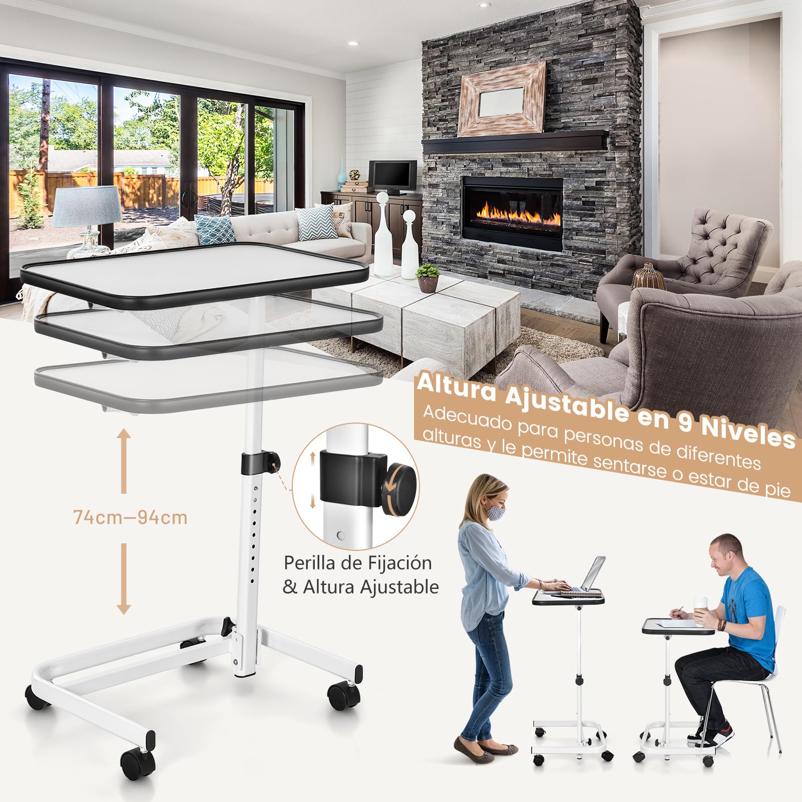 COSTWAY Mesa Auxiliar con Ruedas, Mesa Plegable Portatil para Cama, Altura Ajustable en 9 Niveles, Mesa Auxiliar Sofa Tapa Inclinable, para Ordenador, Salon, Hospital, 61 x 43,5 x 73-93 cm (Blanco)