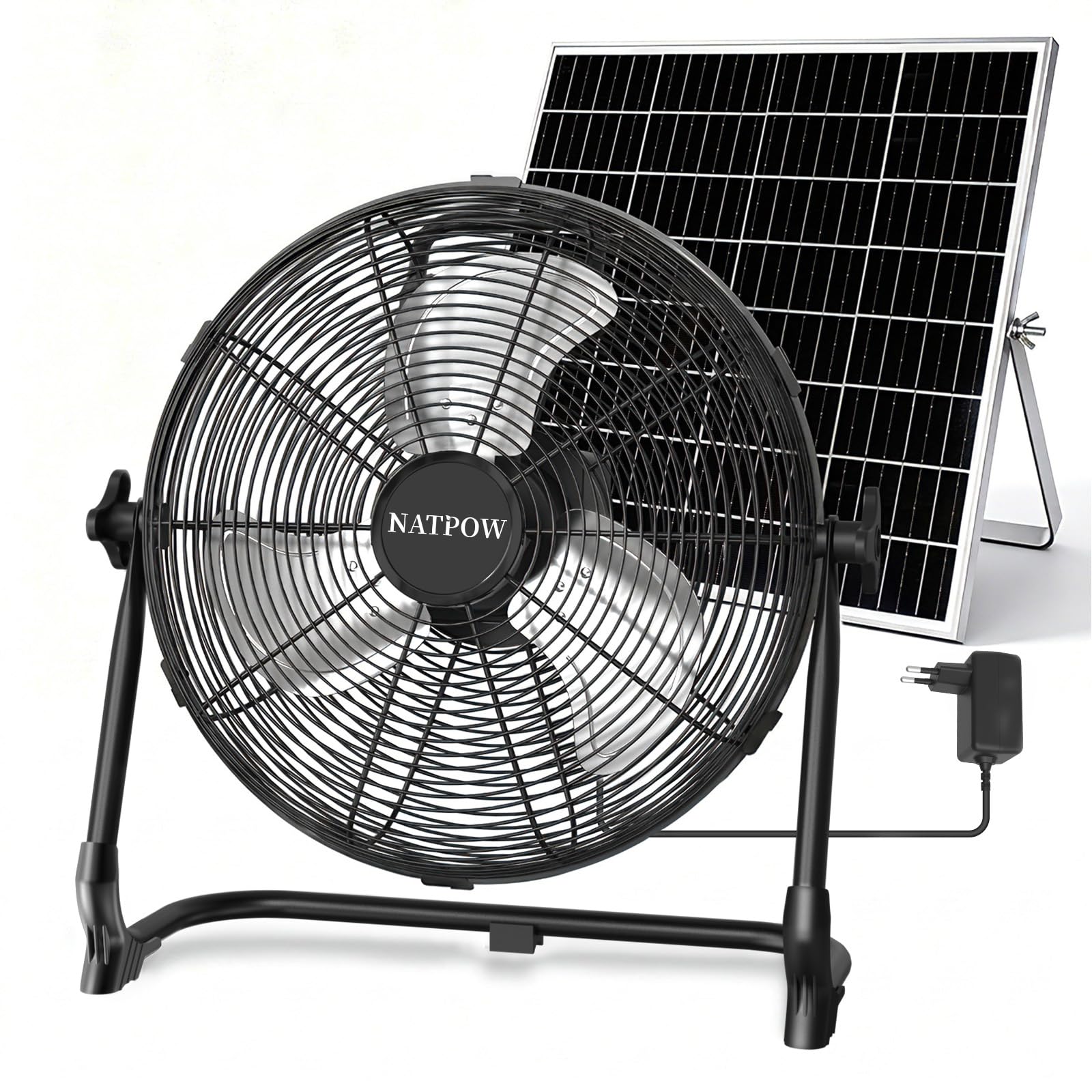 NATPOW Solar Ventilator Groß, 30cm Solarlüfter mit USB-A Aufladung, 15W Bodenventilator Leise, Zwei Lademöglichkeiten Windmaschine mit Solarpanel und Adapter, für Camping Baustelle Gewächshaus