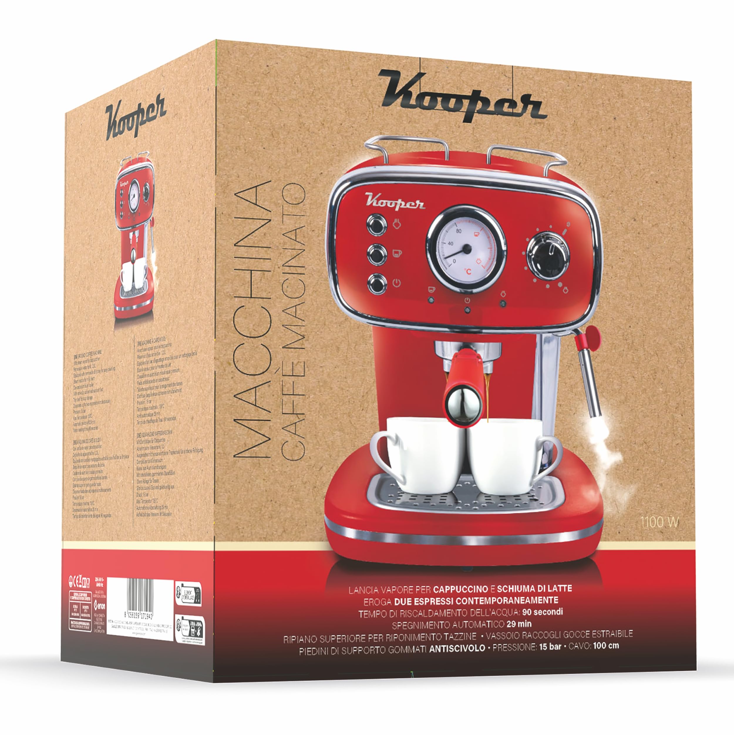 Macchina automatica caffè espresso con lancia vapore per cappuccino 1100 W rossa, Kooper