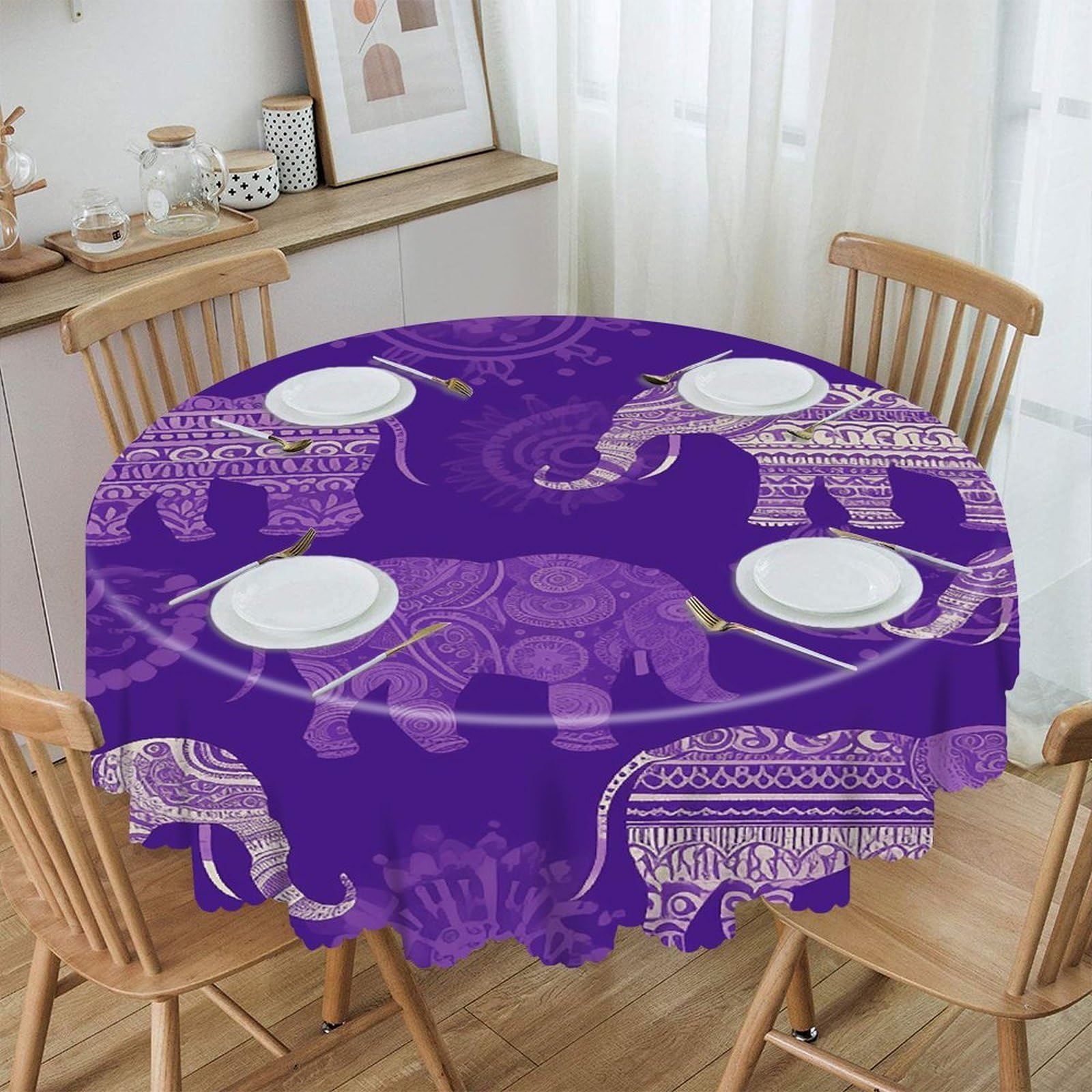 VstaDank Purple Elephant Round Tablecloth Wipeable Round Polyester Tablecloth Waterproof Wrinkle Free Indoor and Outdoor Table Cover 60 Inch Decorative Farmhouse Table Cloth for Dining