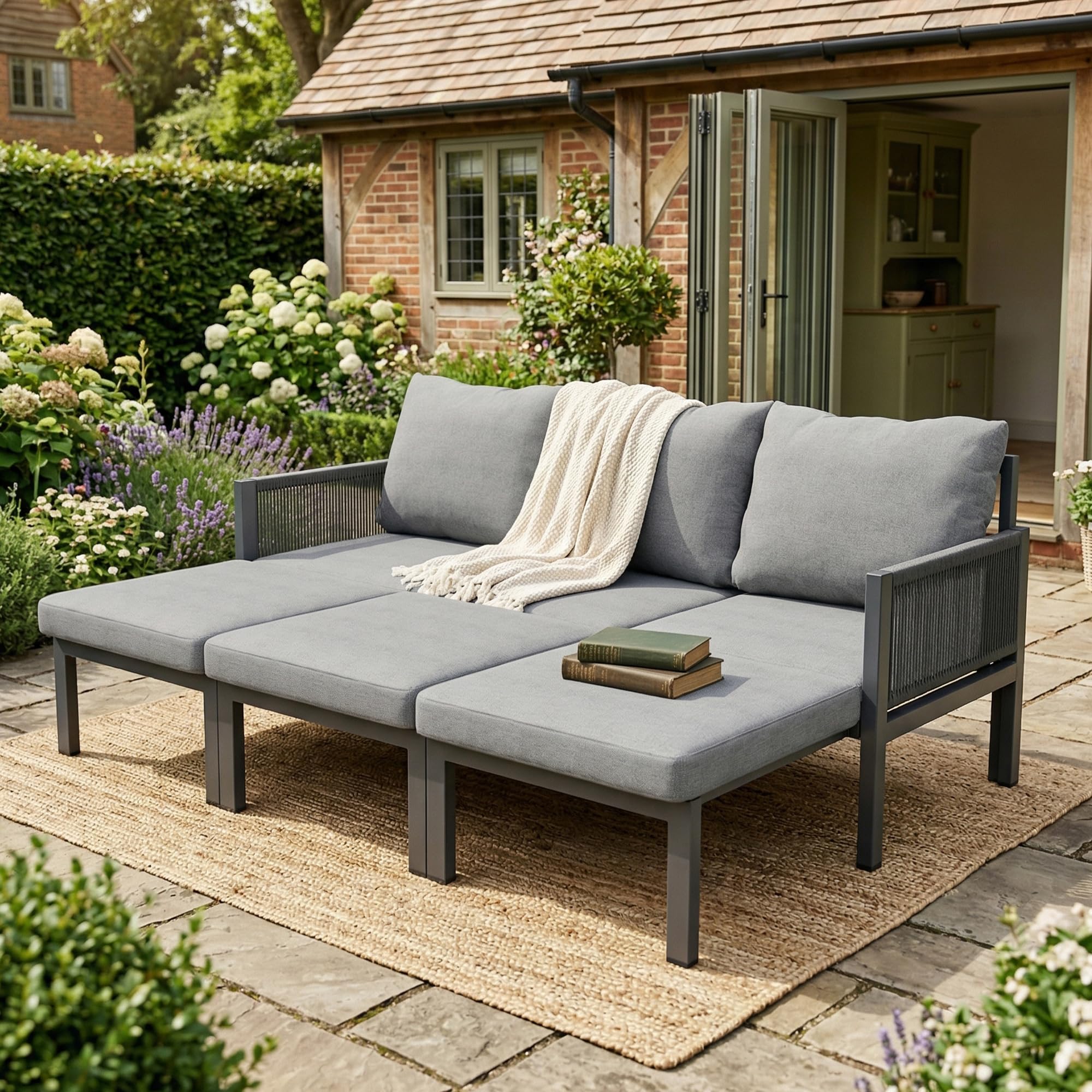 Gartenmöbel-Set, Outdoorsofa, 3-Sitzer-Sofa, Multifunktionales Sofa, lässt Sich in einen Liegesessel verwandeln, verzinktes Eisen (Grau)