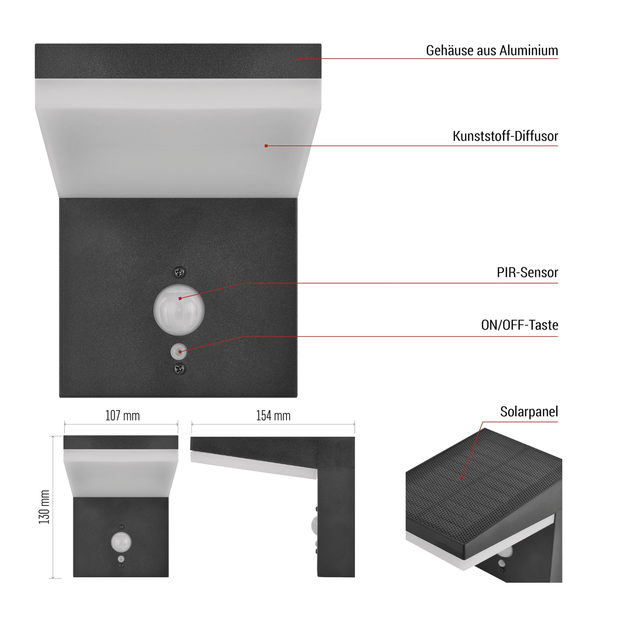 EMOS - Solarna lampa ścienna LED VEREA z czujnikiem ruchu do domu i ogrodu – wodoszczelne solarne oświetlenie ogrodowe z czujnikiem, jasność 460 lm, ciepła biel – obudowa z aluminium do montażu na