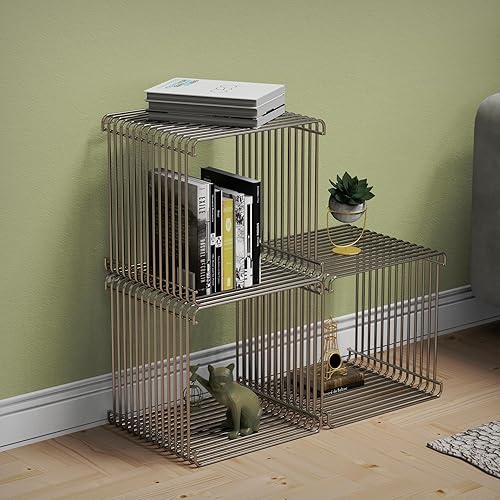 Miniatura 6 de Mesa auxiliar cuadrada de geometría retro, mesa auxiliar de metal lineal de acero inoxidable, estante de escritorio multiusos de hierro (plateado)