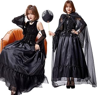[JUNDOMECY] ハロウィン コスプレ 魔女 吸血鬼 衣装 大人 レディース 大きいサイズ セクシー 黒 ロング ワンピース マント 貴族 バンパイアドレス イベント 仮装パーティー 文化祭