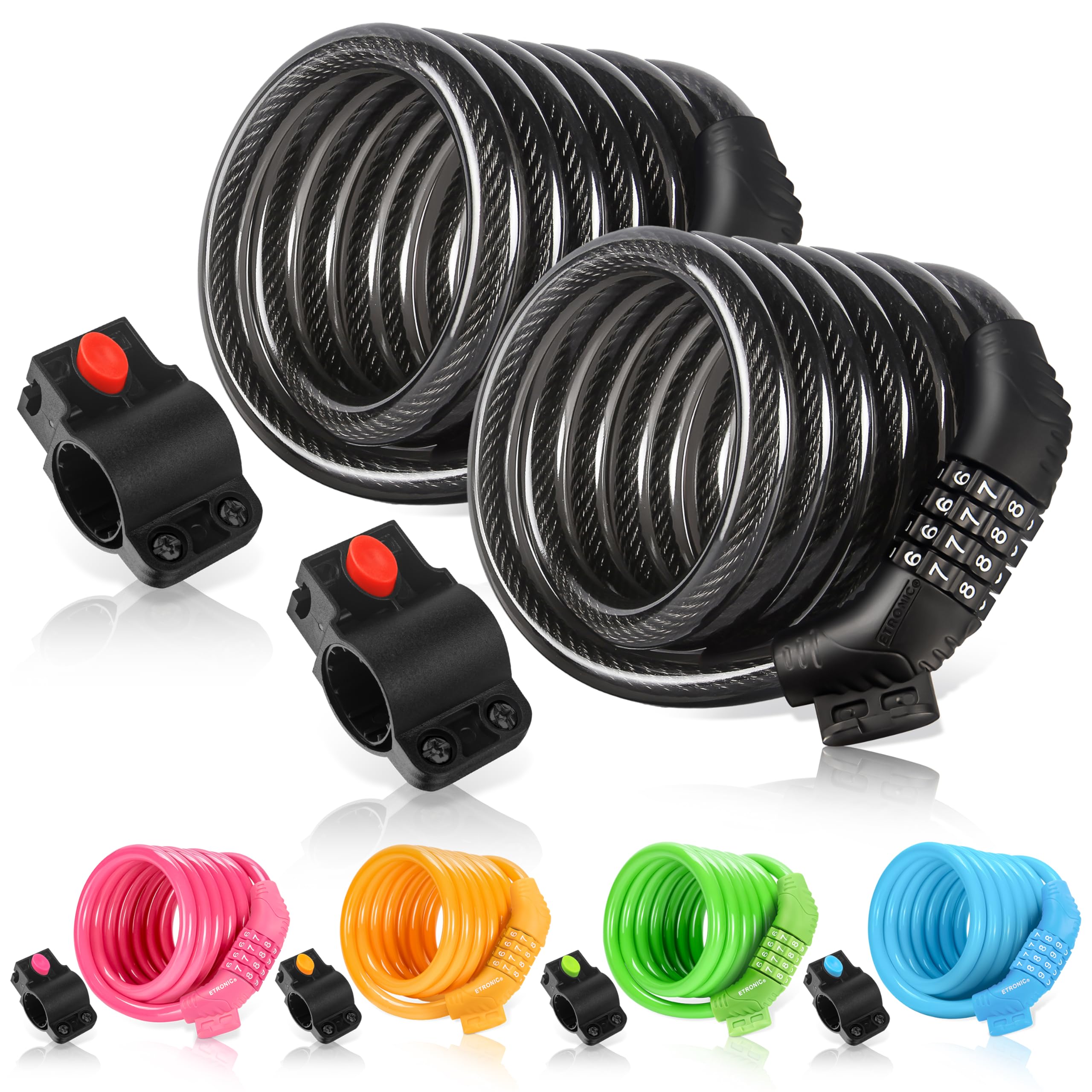 ETRONICBike Lock M6, Cable Lock 6 Feet Long Coiled Security Resettable Combo Combination Lock Bicycle Lock with Mounting Bracket