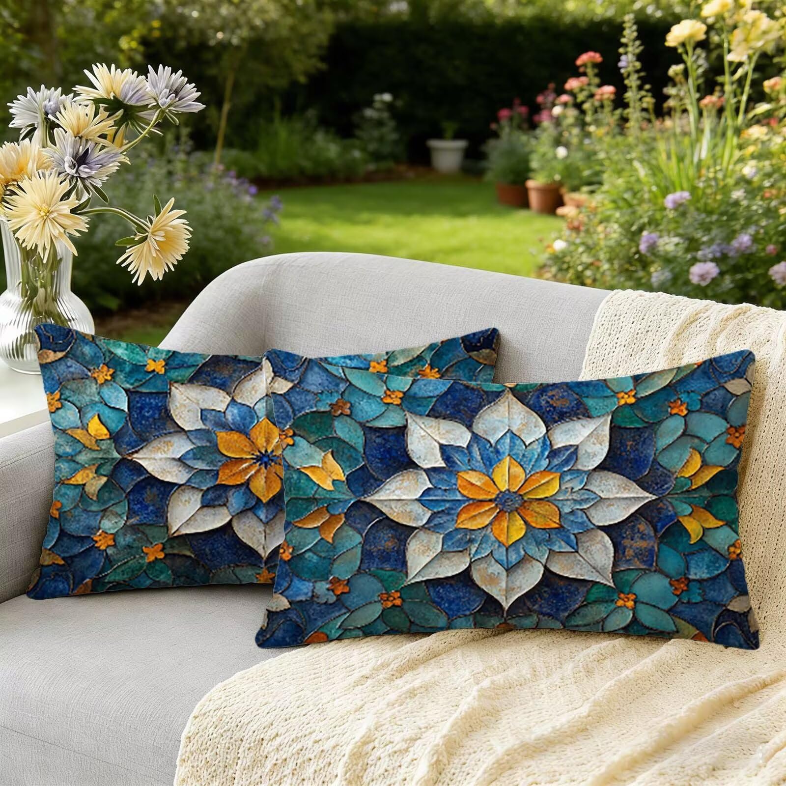Housse Coussin 40x80 Vert Jardin Taie Oreiller Mandala Canapé Déco W-1