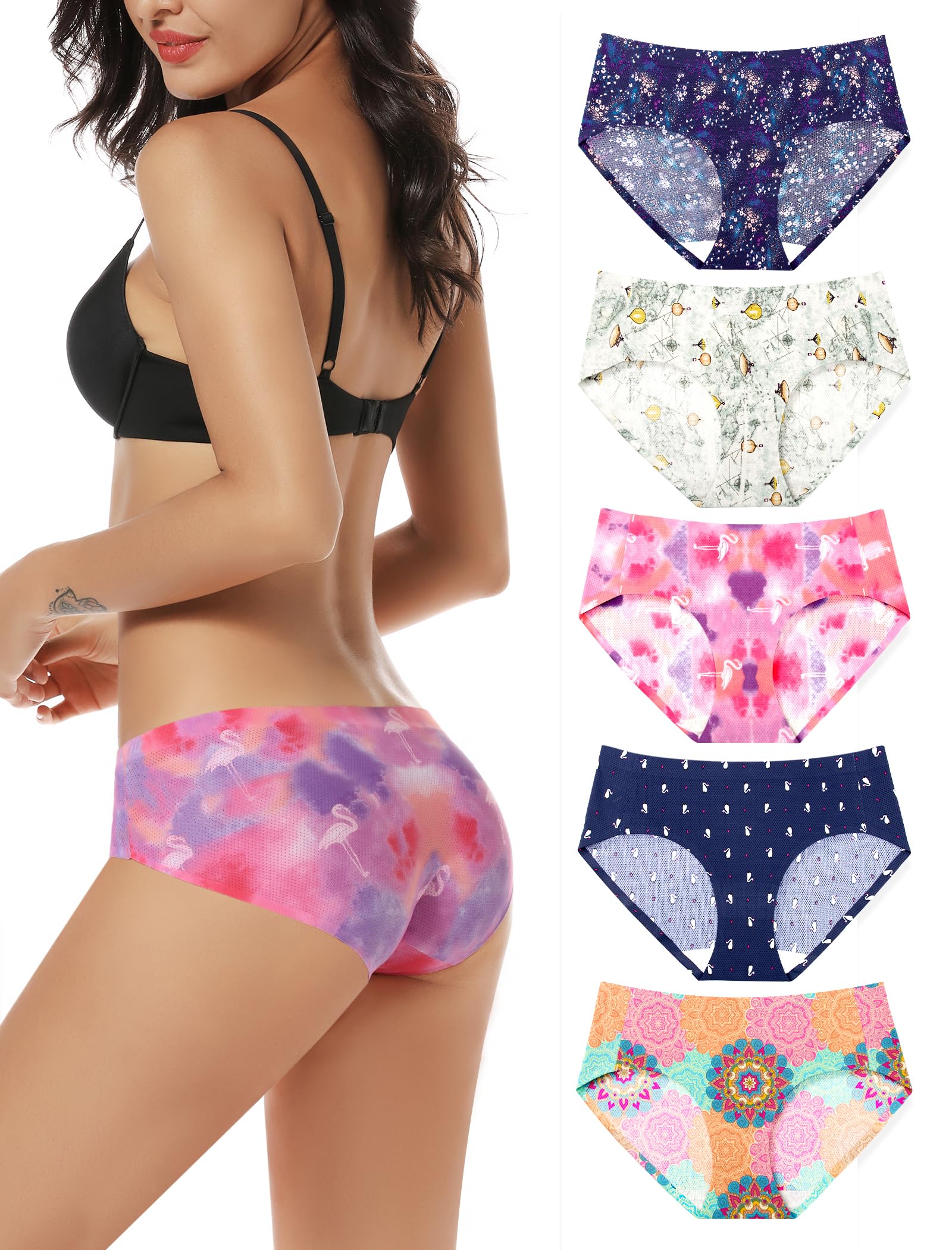 voenxe Women Seamless Hipster Underwear,Breathable Ladies Panties Bikini,No Show Briefs,Comfortable Undies for Women 5-Pack